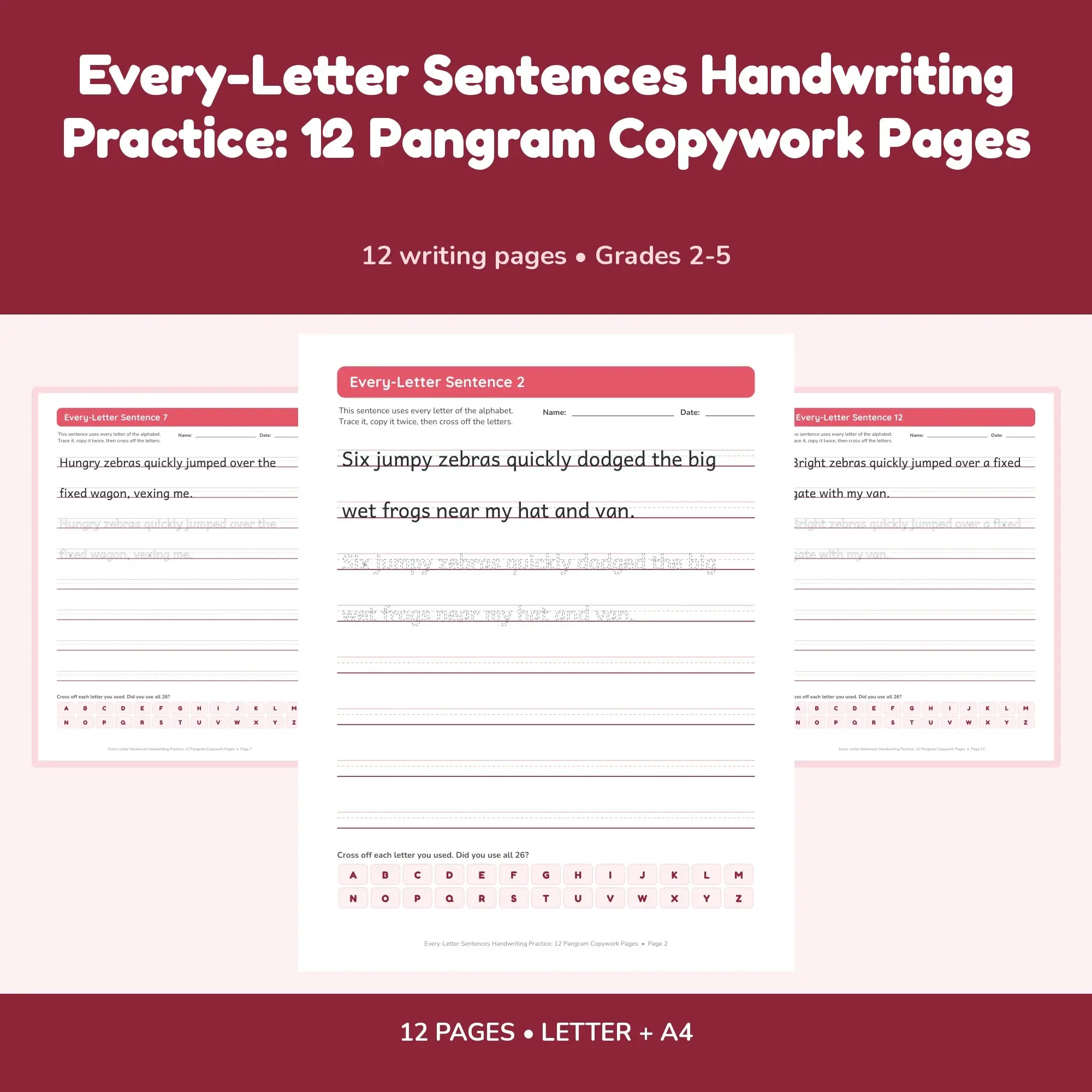 Every-Letter Sentences Handwriting Practice: 12 Pangram Copywork Pages, preview 1 of 2