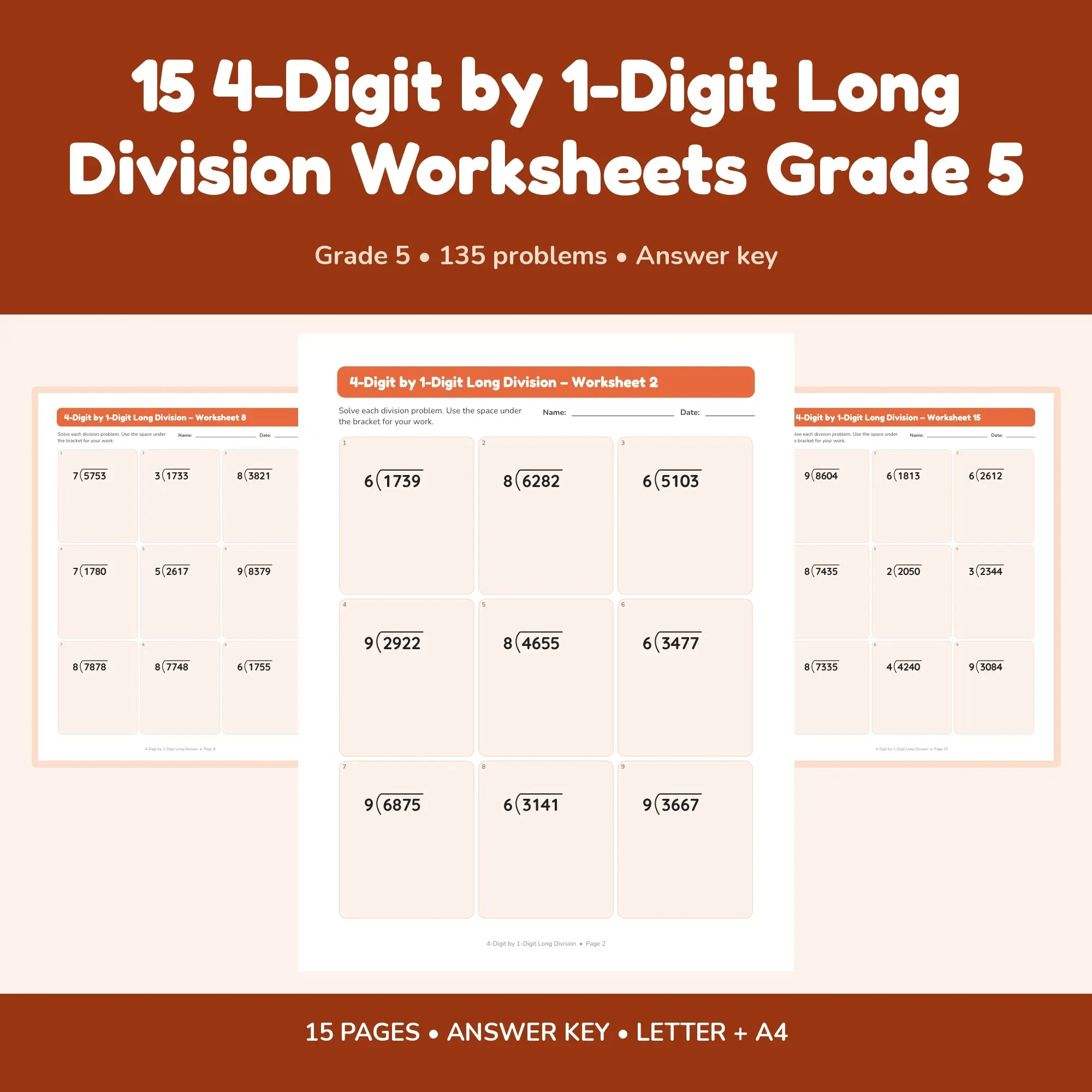 15 4-Digit by 1-Digit Long Division Worksheets Grade 5, preview 1 of 2