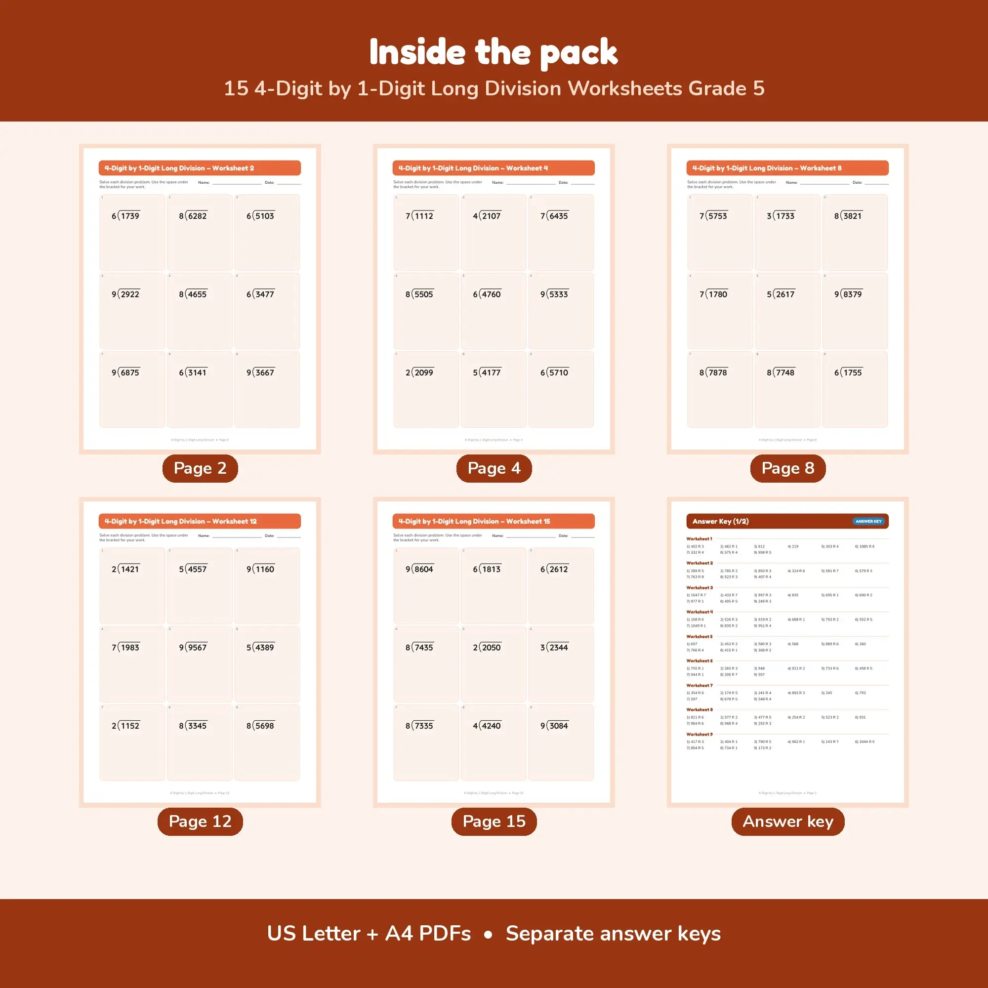 15 4-Digit by 1-Digit Long Division Worksheets Grade 5, preview 2 of 2