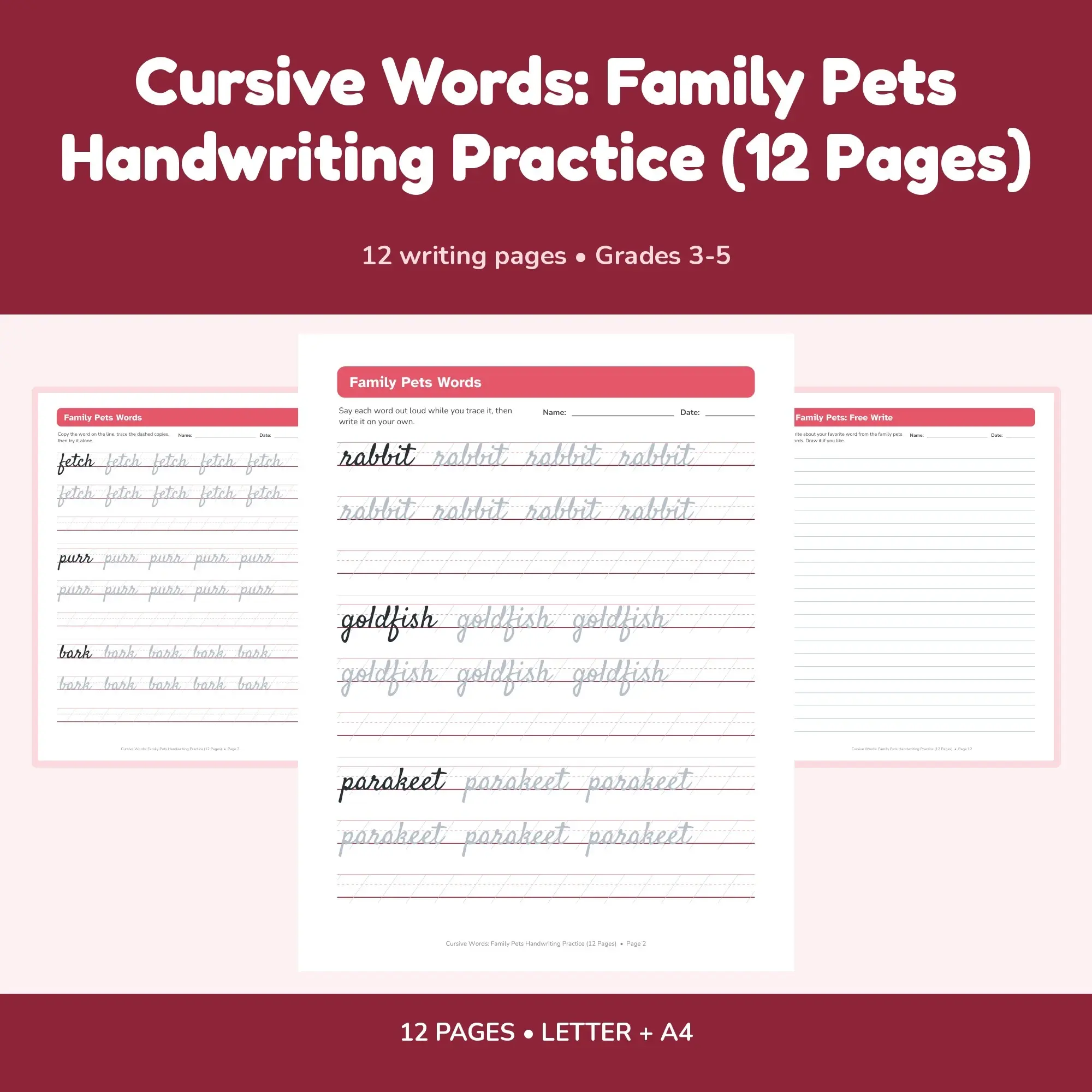 Cursive Words: Family Pets Handwriting Practice (12 Pages) preview