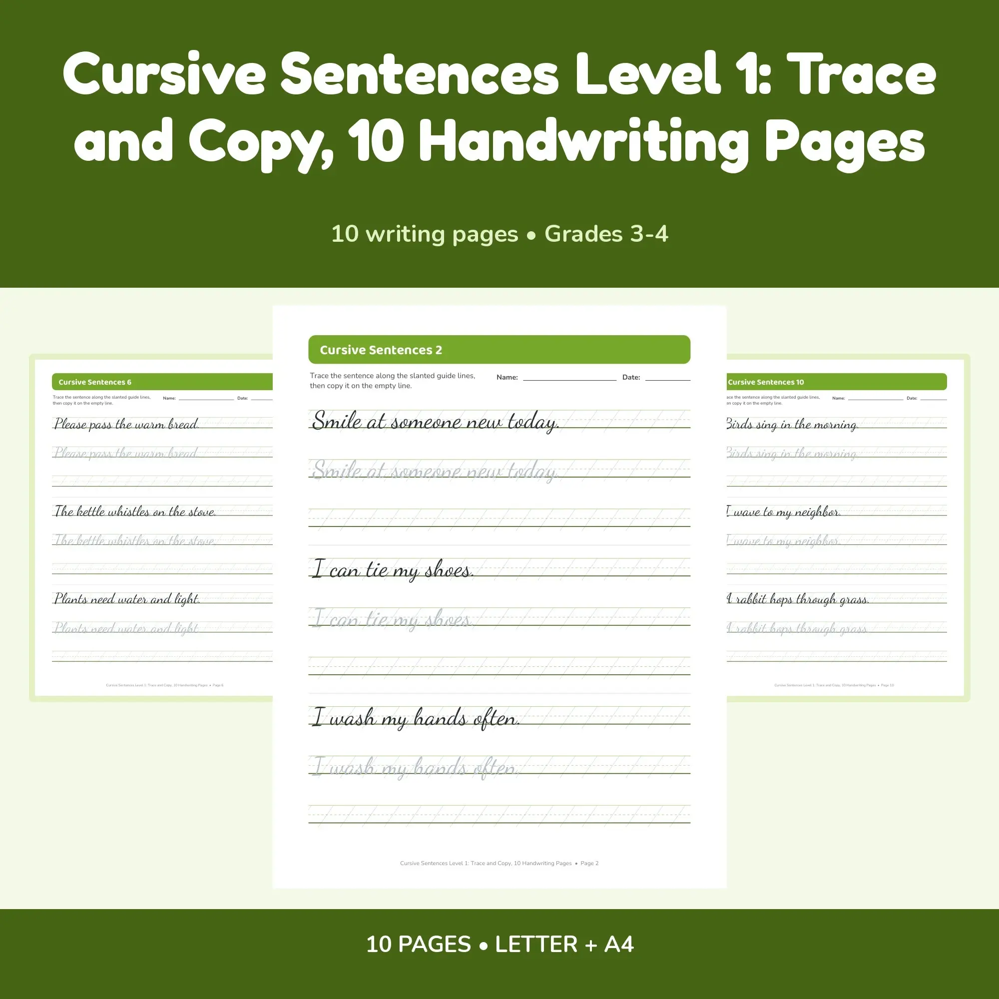 Cursive Sentences Level 1: Trace and Copy, 10 Handwriting Pages preview