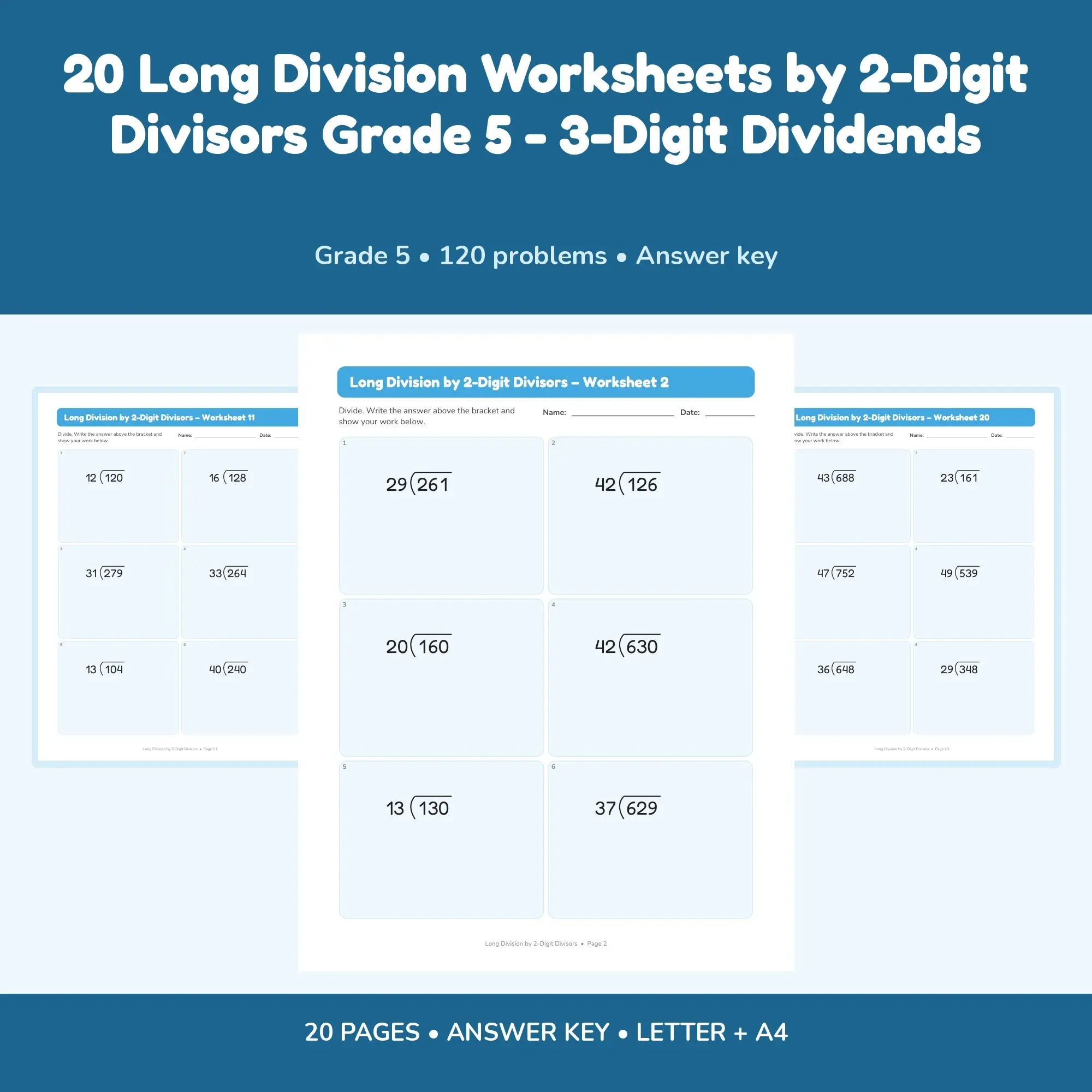20 Long Division Worksheets by 2-Digit Divisors Grade 5 - 3-Digit Dividends preview
