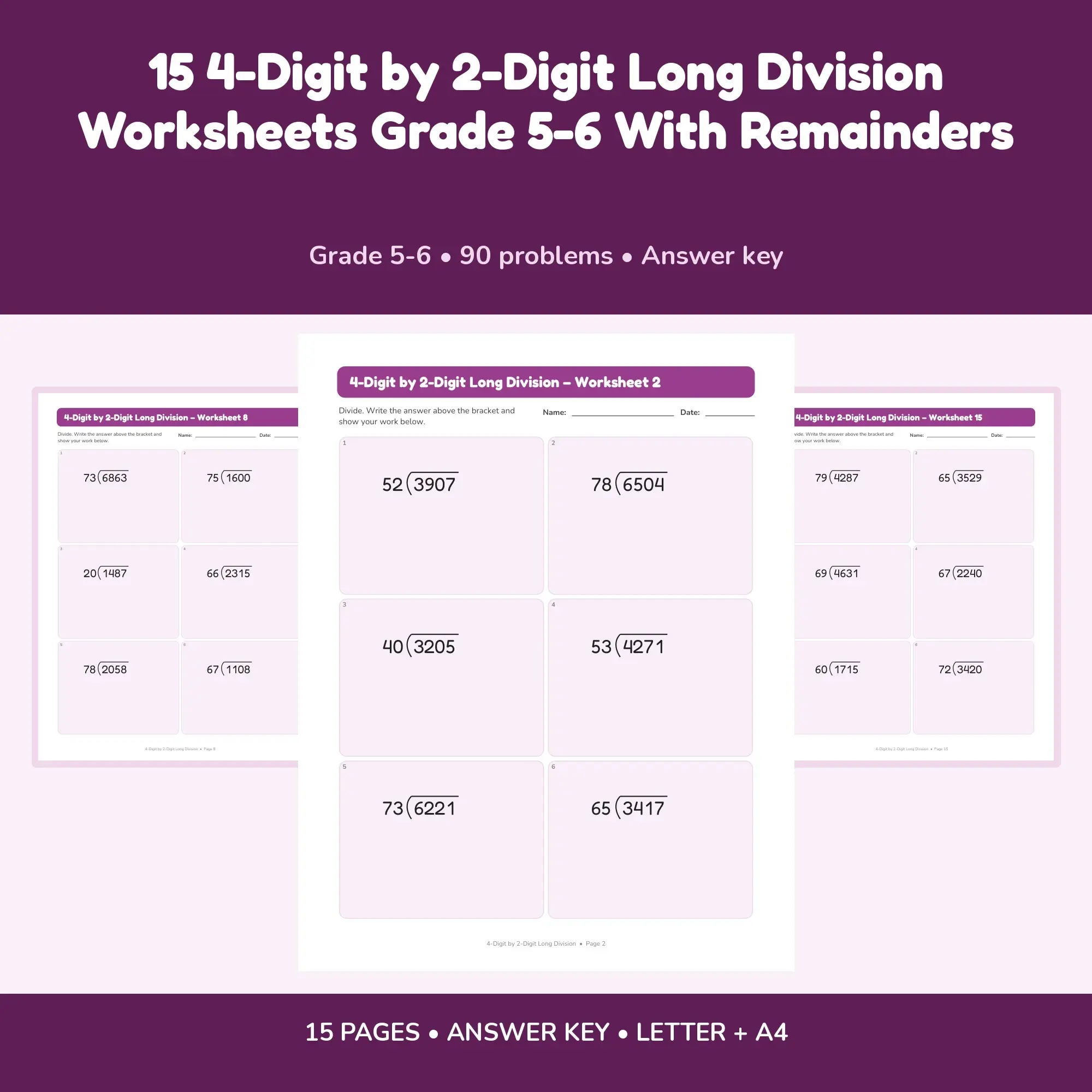 15 4-Digit by 2-Digit Long Division Worksheets Grade 5-6 With Remainders preview