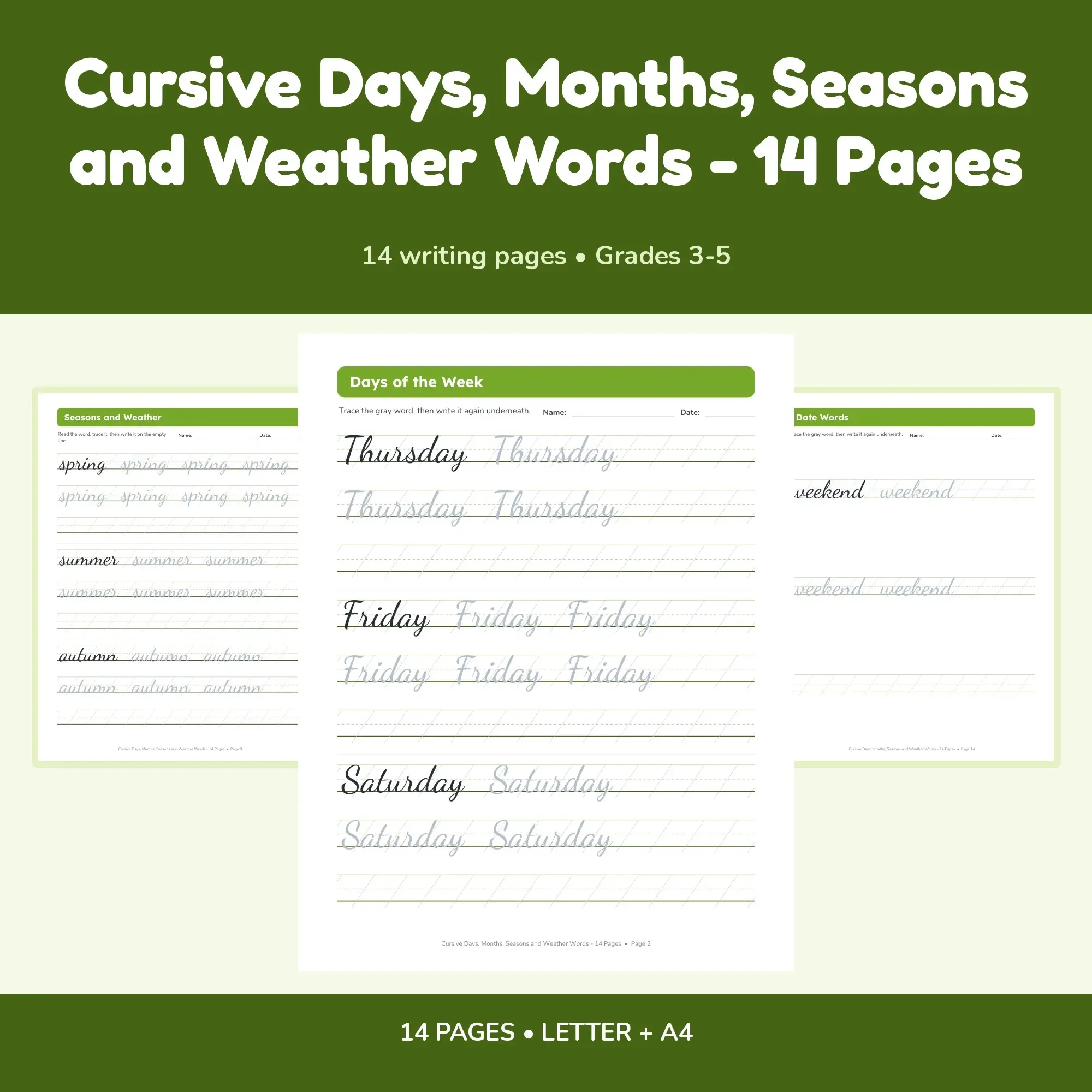 Cursive Days, Months, Seasons and Weather Words - 14 Pages preview