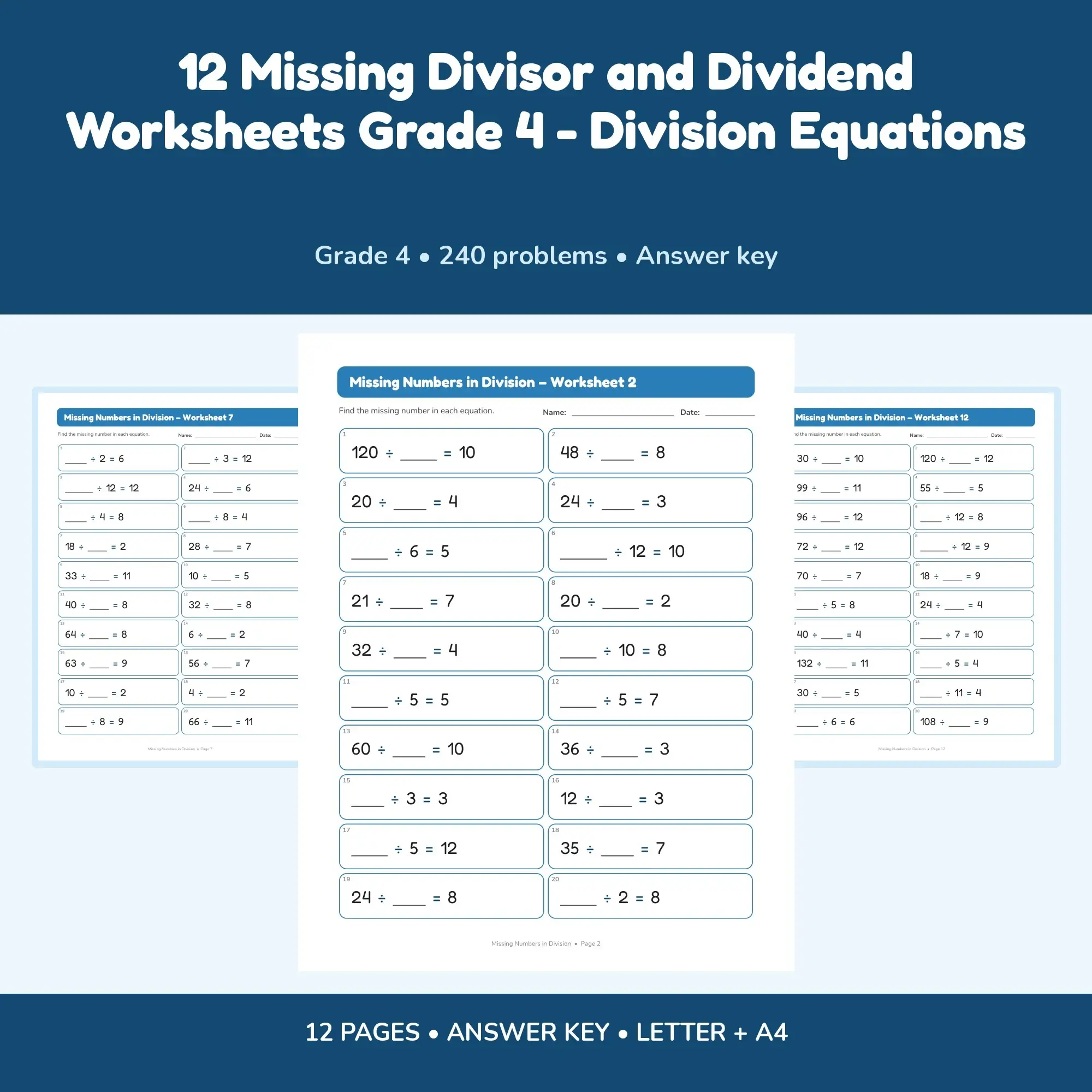 12 Missing Divisor and Dividend Worksheets Grade 4 - Division Equations preview