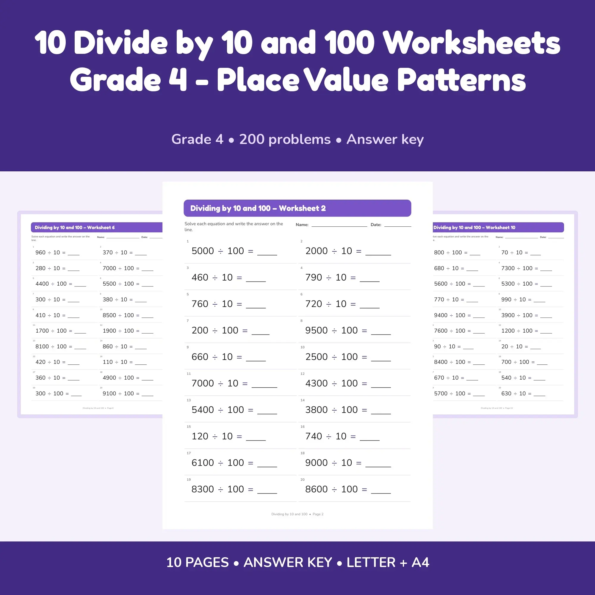 10 Divide by 10 and 100 Worksheets Grade 4 - Place Value Patterns preview