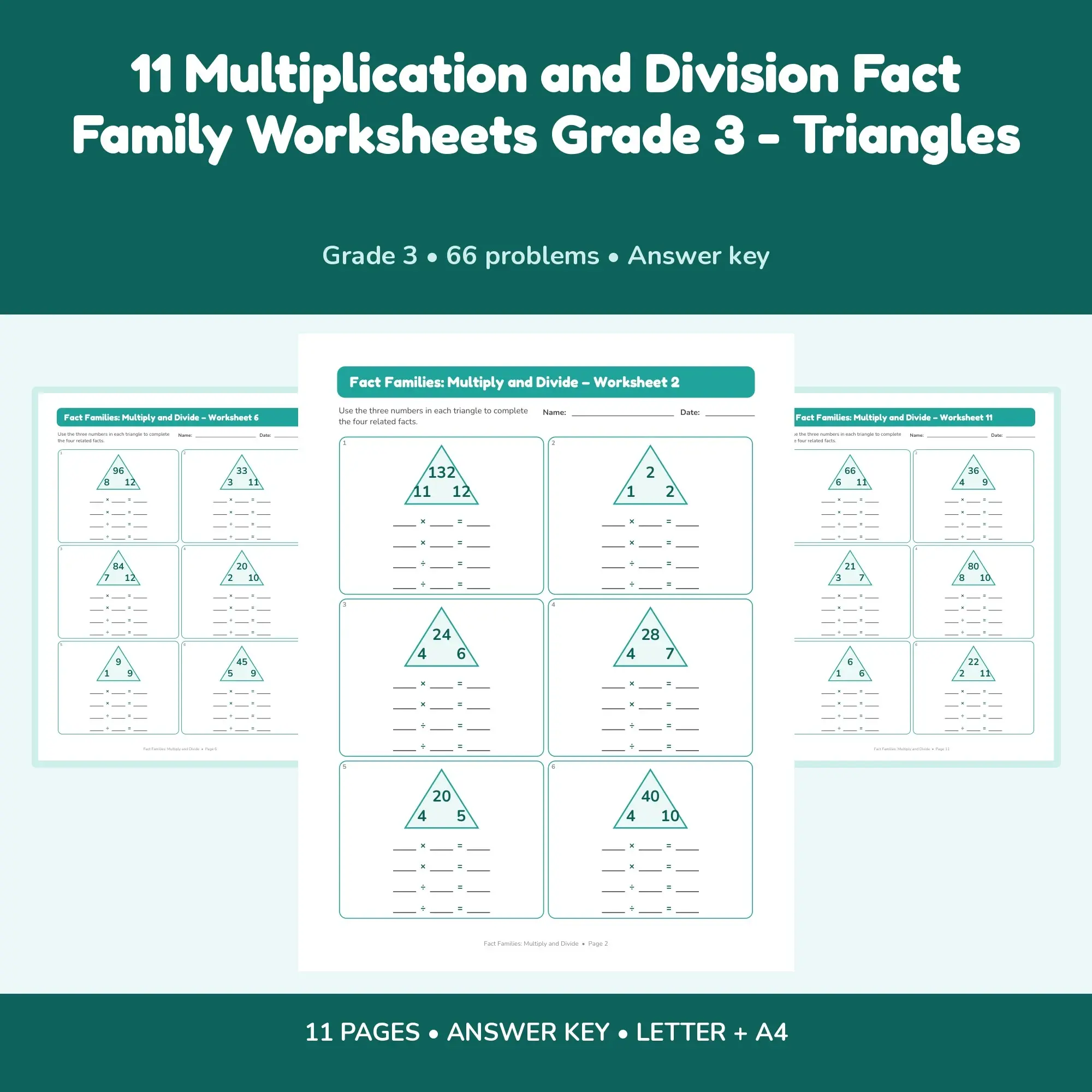 11 Multiplication and Division Fact Family Worksheets Grade 3 - Triangles preview
