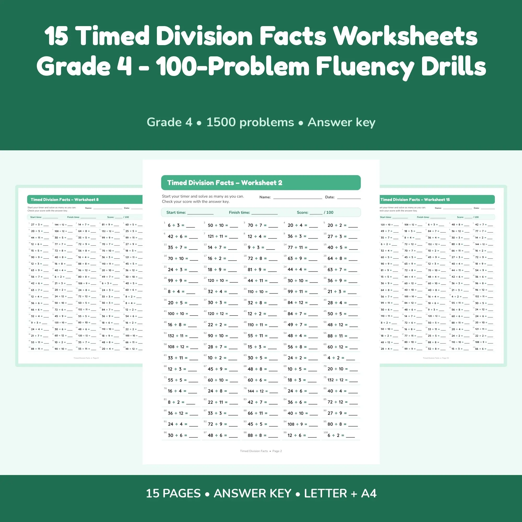 15 Timed Division Facts Worksheets Grade 4 - 100-Problem Fluency Drills preview