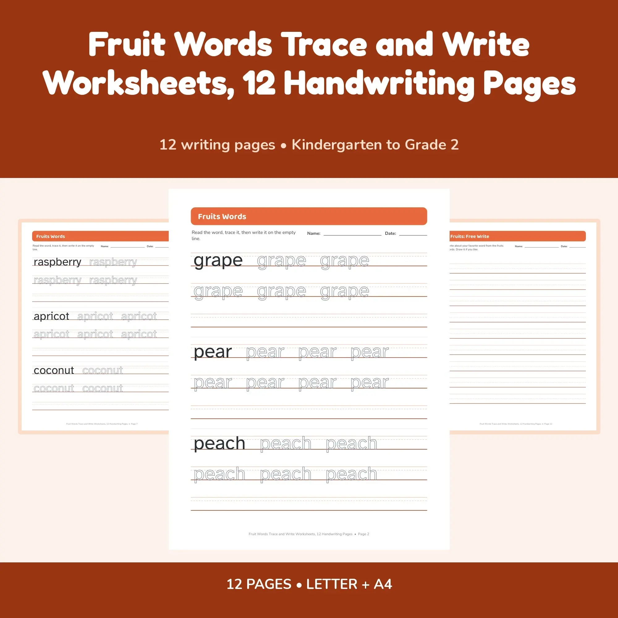 Fruit Words Trace and Write Worksheets, 12 Handwriting Pages preview