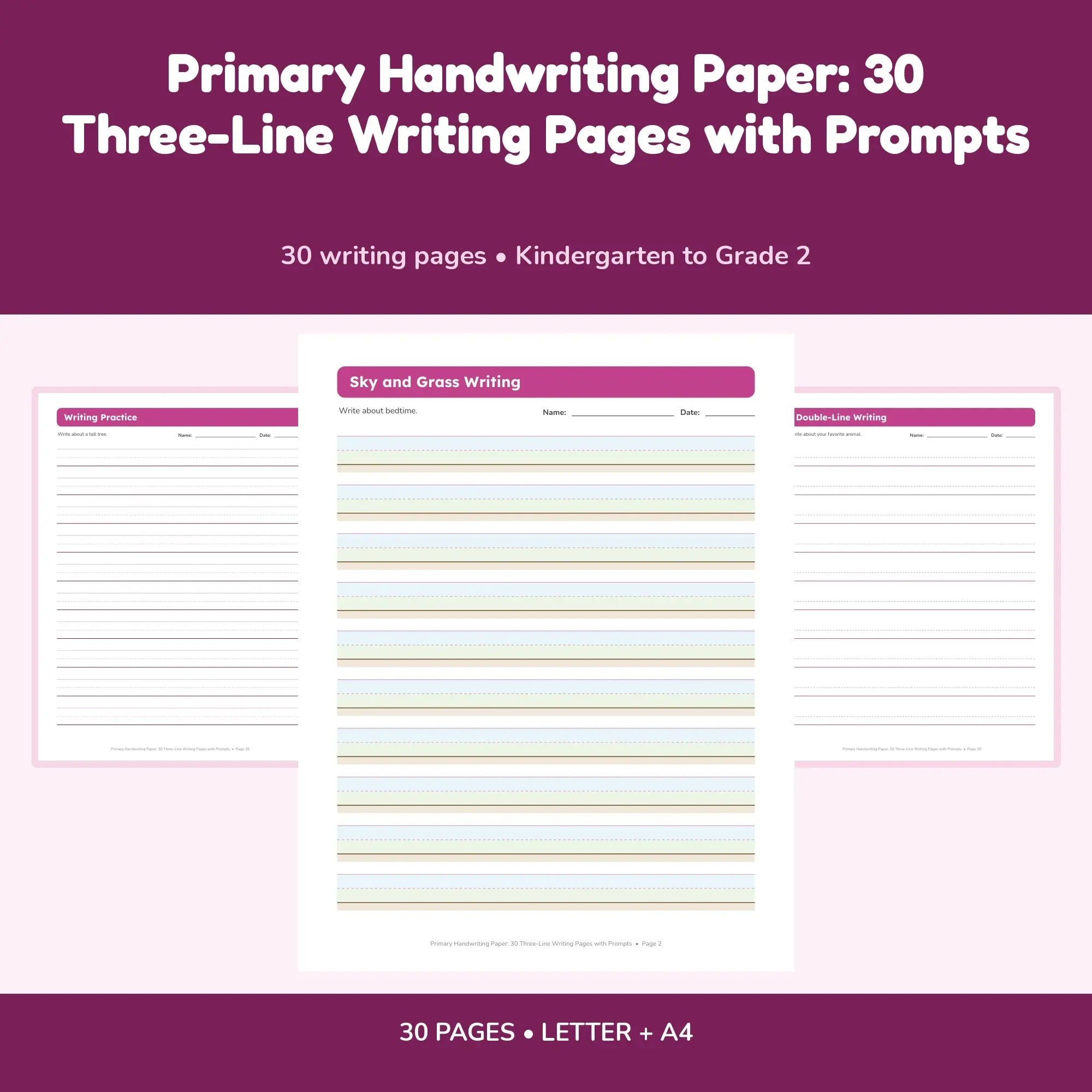 Primary Handwriting Paper: 30 Three-Line Writing Pages with Prompts preview