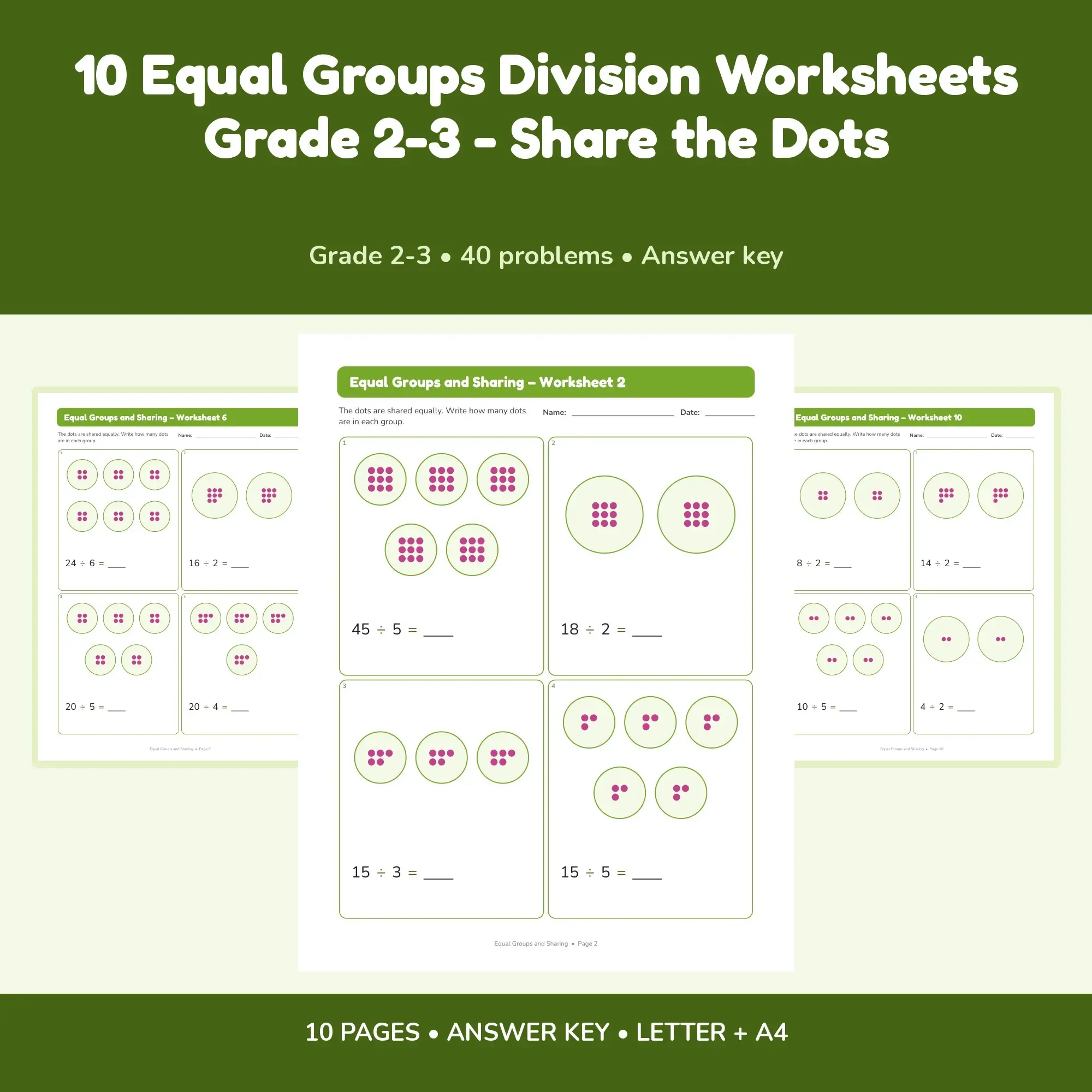 10 Equal Groups Division Worksheets Grade 2-3 - Share the Dots preview
