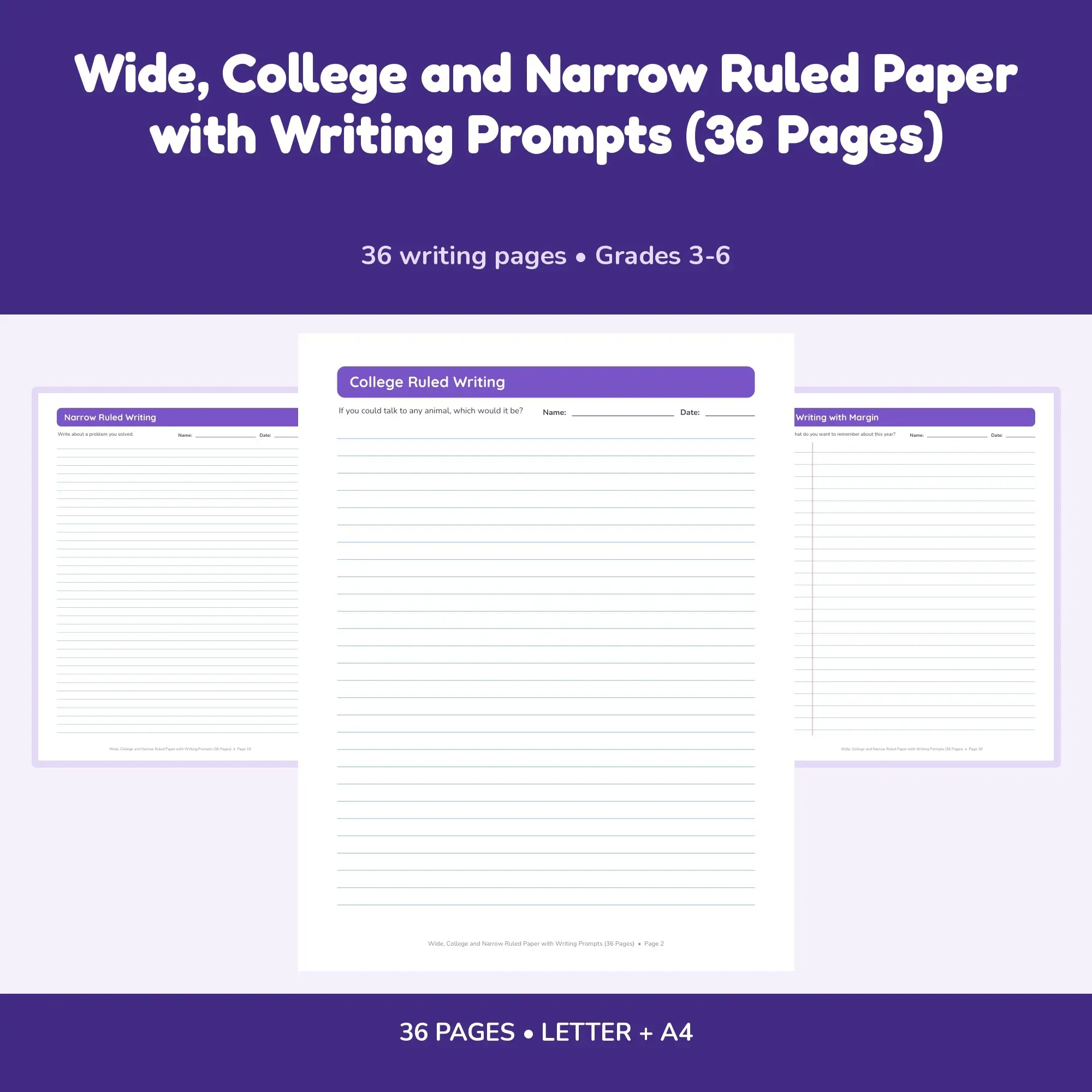 Wide, College and Narrow Ruled Paper with Writing Prompts (36 Pages), preview 1 of 2