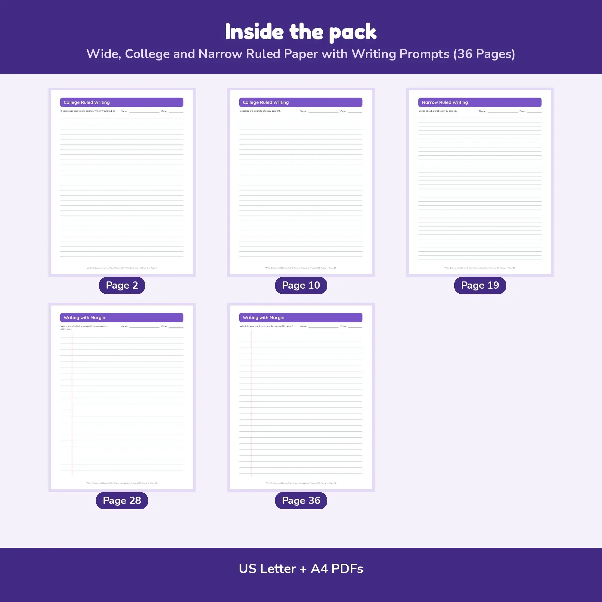 Wide, College and Narrow Ruled Paper with Writing Prompts (36 Pages), preview 2 of 2
