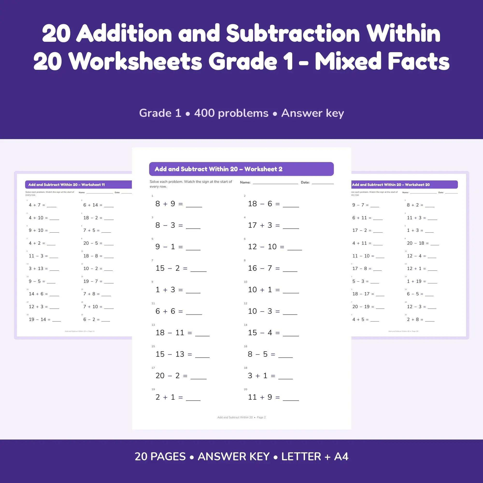 20 Addition and Subtraction Within 20 Worksheets Grade 1 - Mixed Facts preview