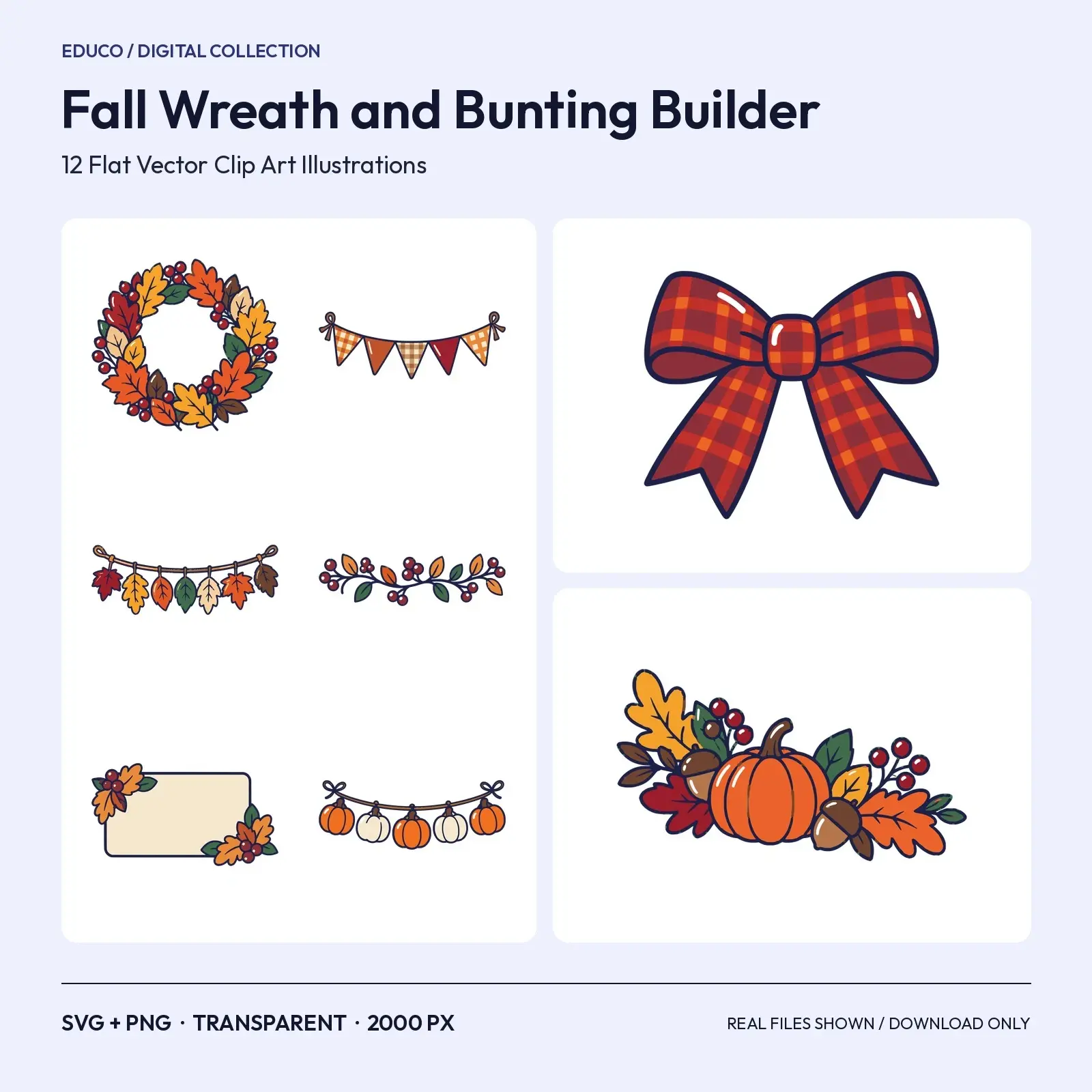 Fall Wreath and Bunting Builder Clip Art – 12 Flat Vector Decor Elements preview