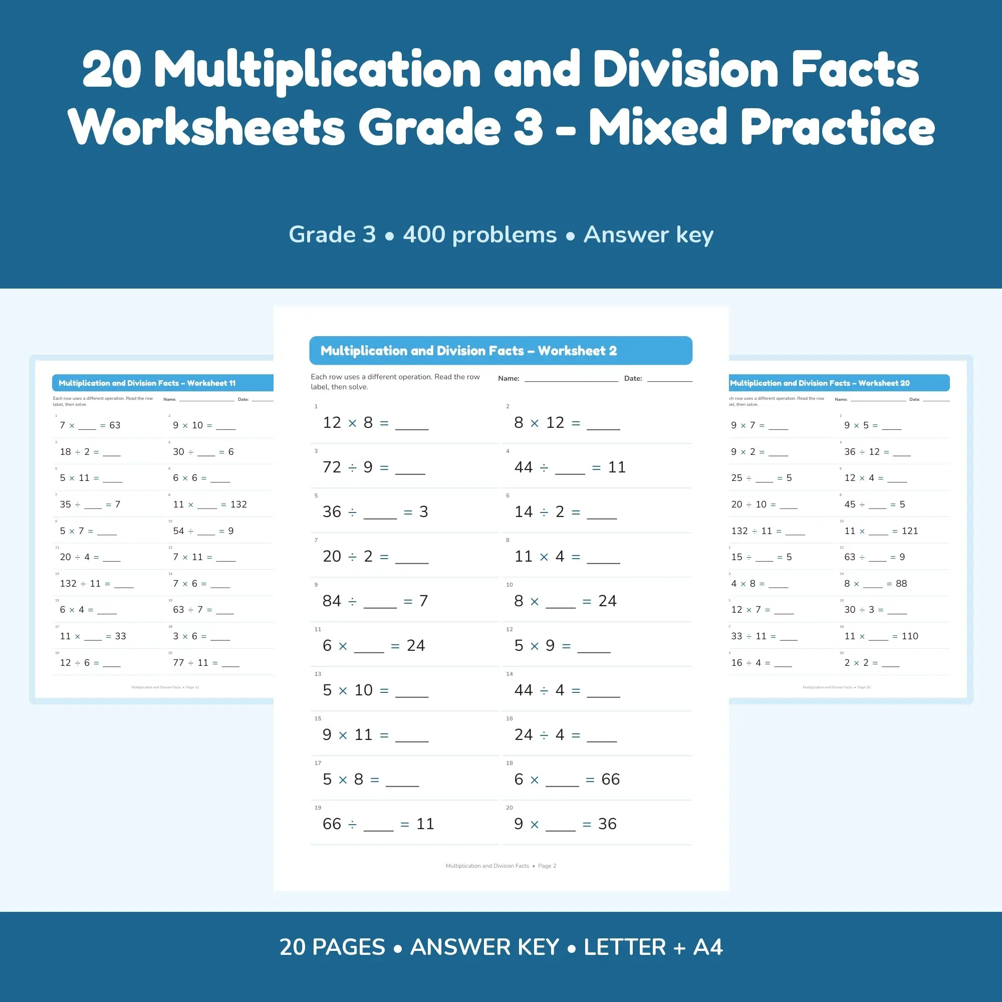 20 Multiplication and Division Facts Worksheets Grade 3 - Mixed Practice preview
