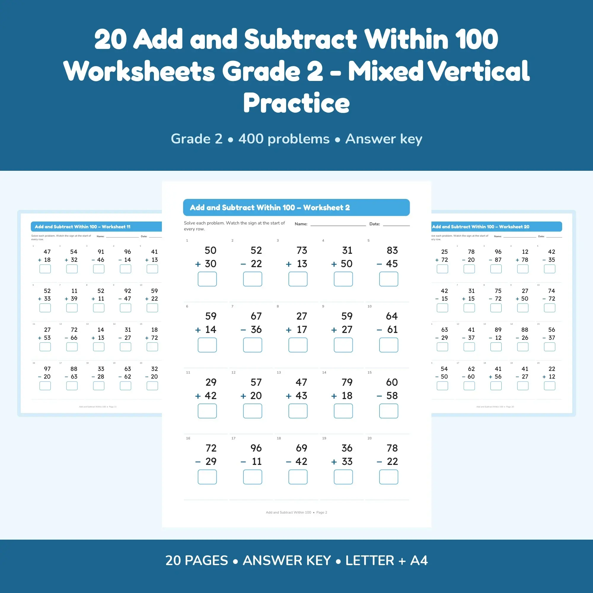 20 Add and Subtract Within 100 Worksheets Grade 2 - Mixed Vertical Practice preview