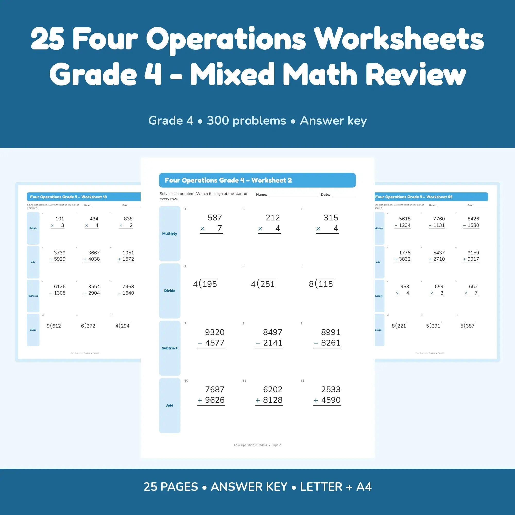 25 Four Operations Worksheets Grade 4 - Mixed Math Review preview
