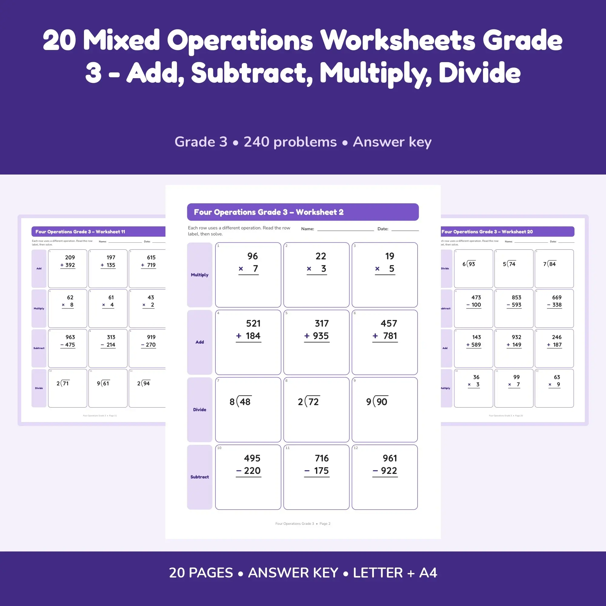 20 Mixed Operations Worksheets Grade 3 - Add, Subtract, Multiply, Divide preview