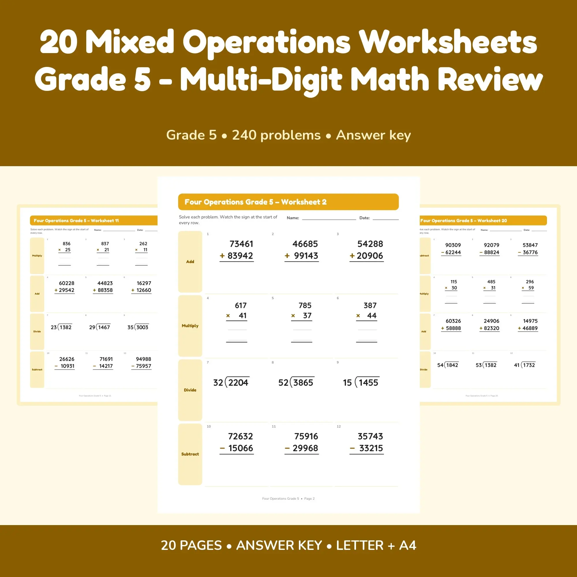 20 Mixed Operations Worksheets Grade 5 - Multi-Digit Math Review preview