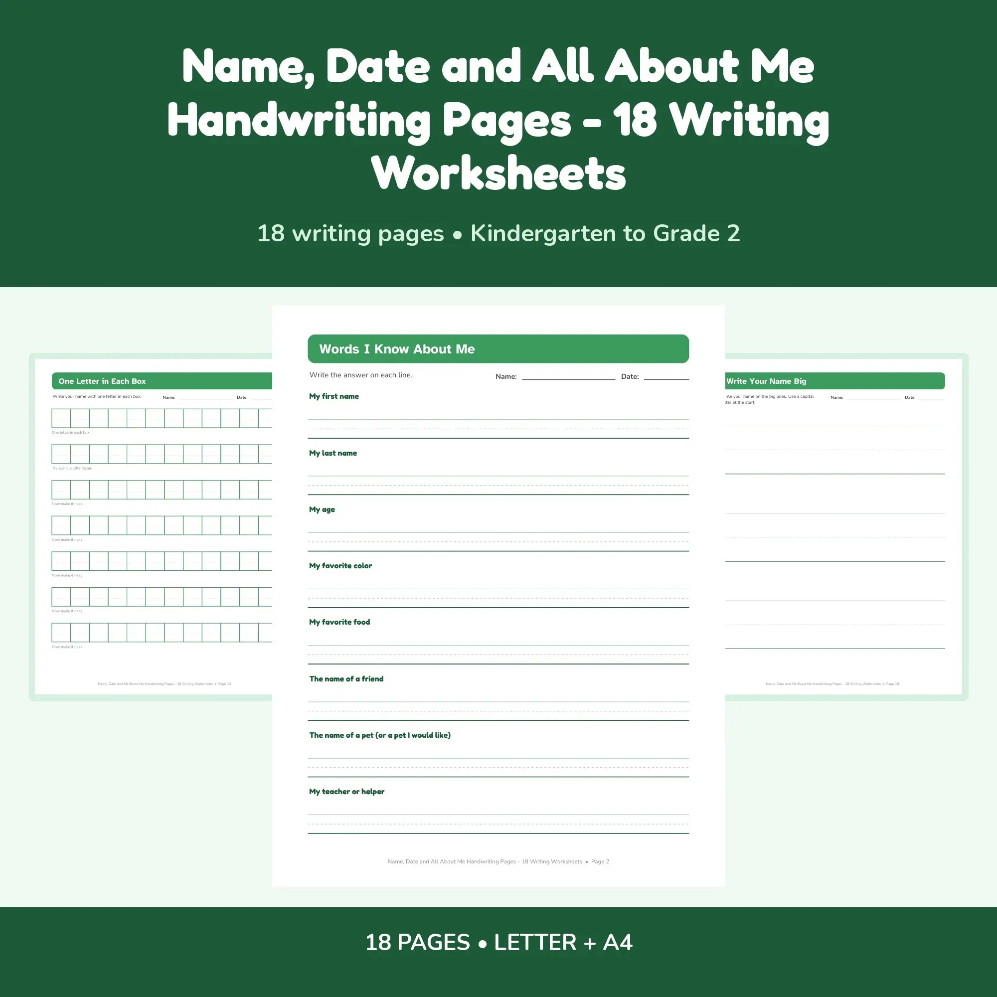 Name, Date and All About Me Handwriting Pages - 18 Writing Worksheets preview