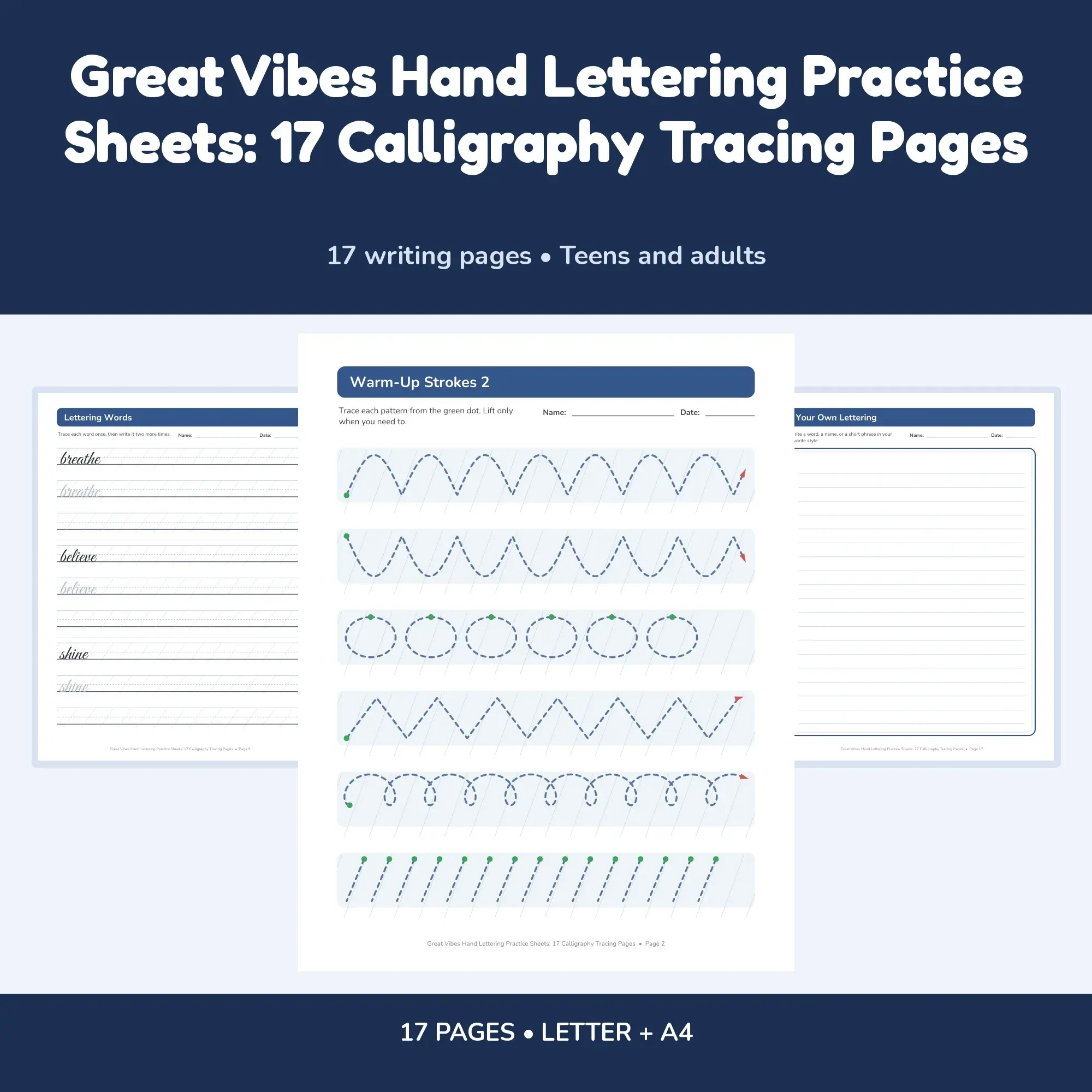 Great Vibes Hand Lettering Practice Sheets: 17 Calligraphy Tracing Pages, preview 1 of 2