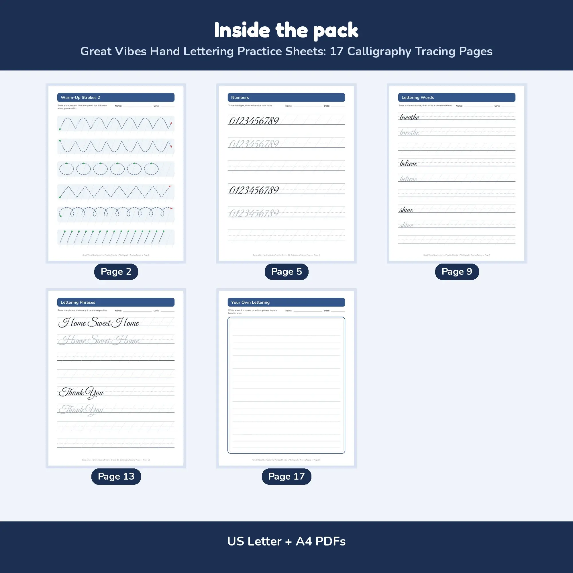 Great Vibes Hand Lettering Practice Sheets: 17 Calligraphy Tracing Pages, preview 2 of 2