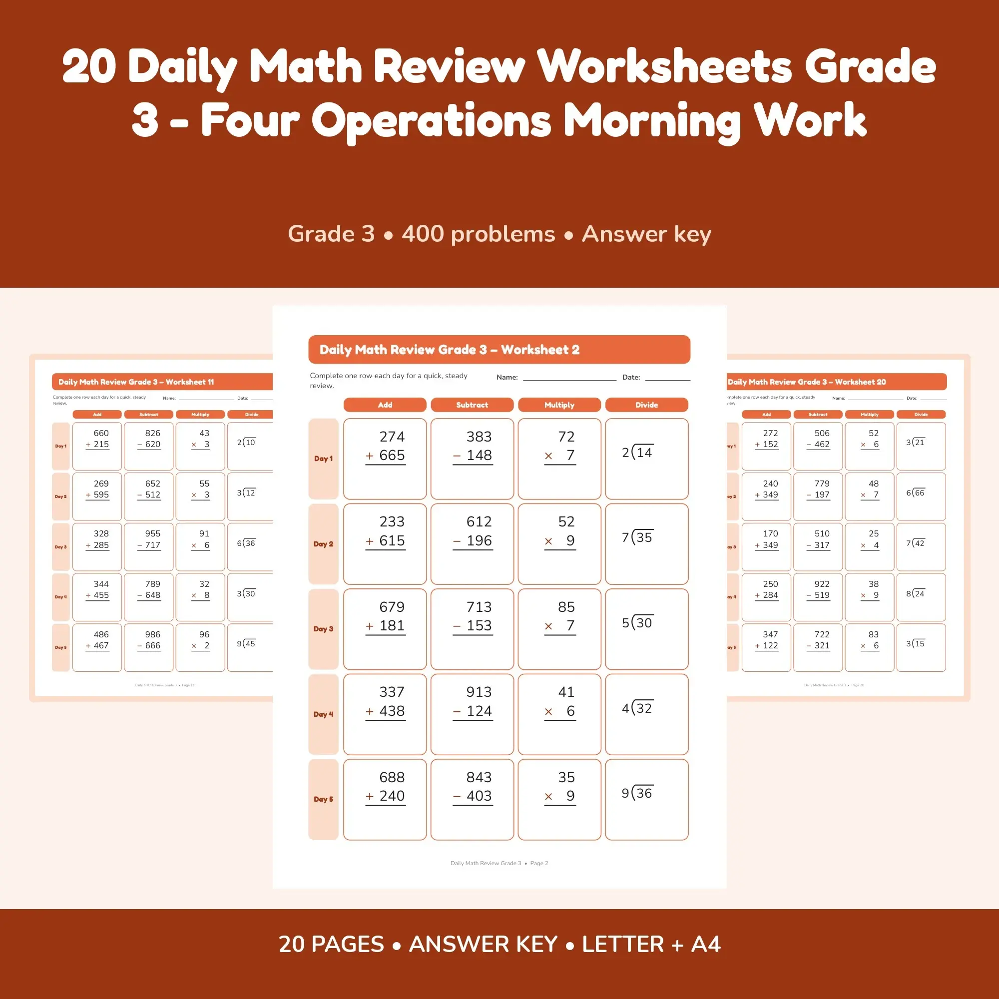 20 Daily Math Review Worksheets Grade 3 - Four Operations Morning Work preview