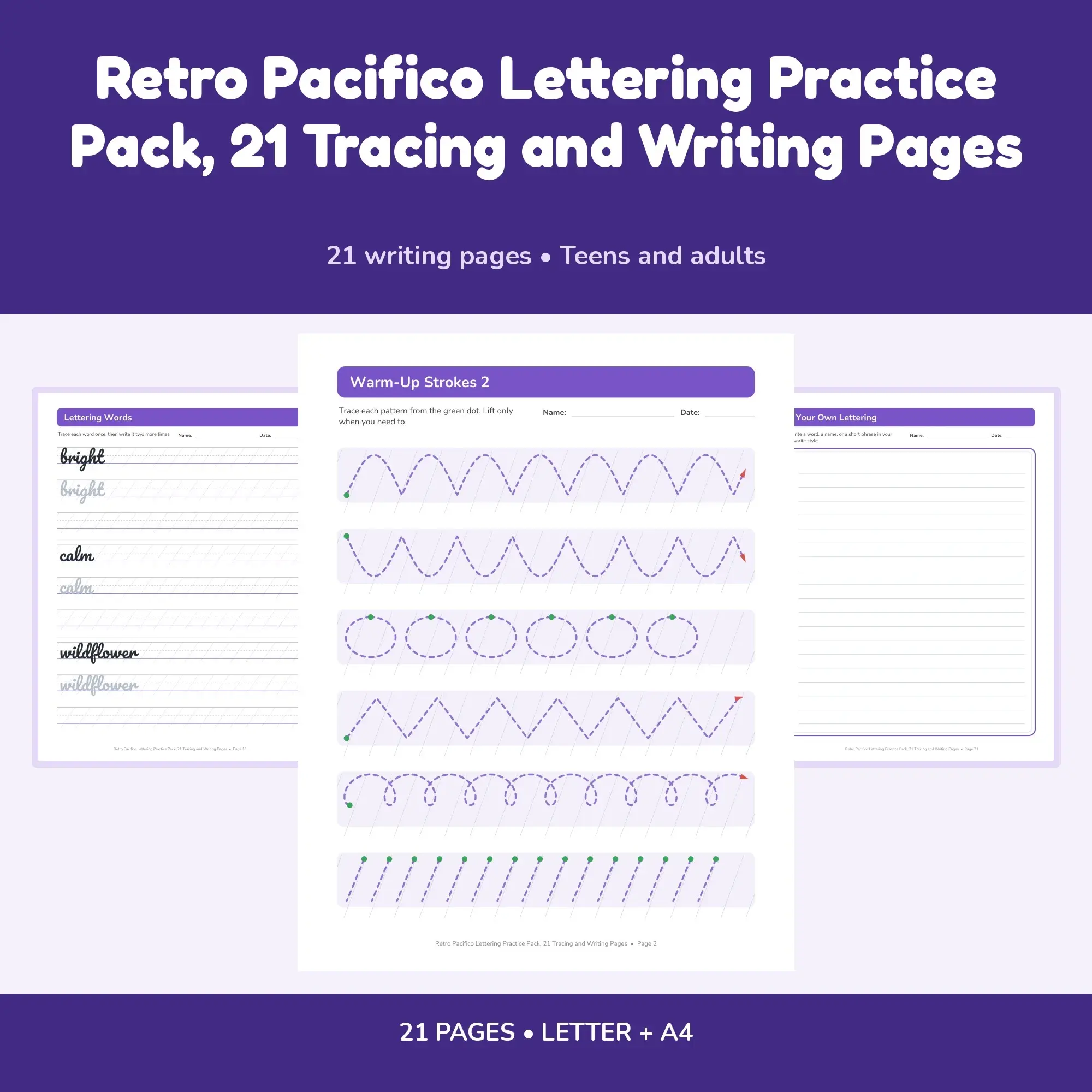 Retro Pacifico Lettering Practice Pack, 21 Tracing and Writing Pages preview