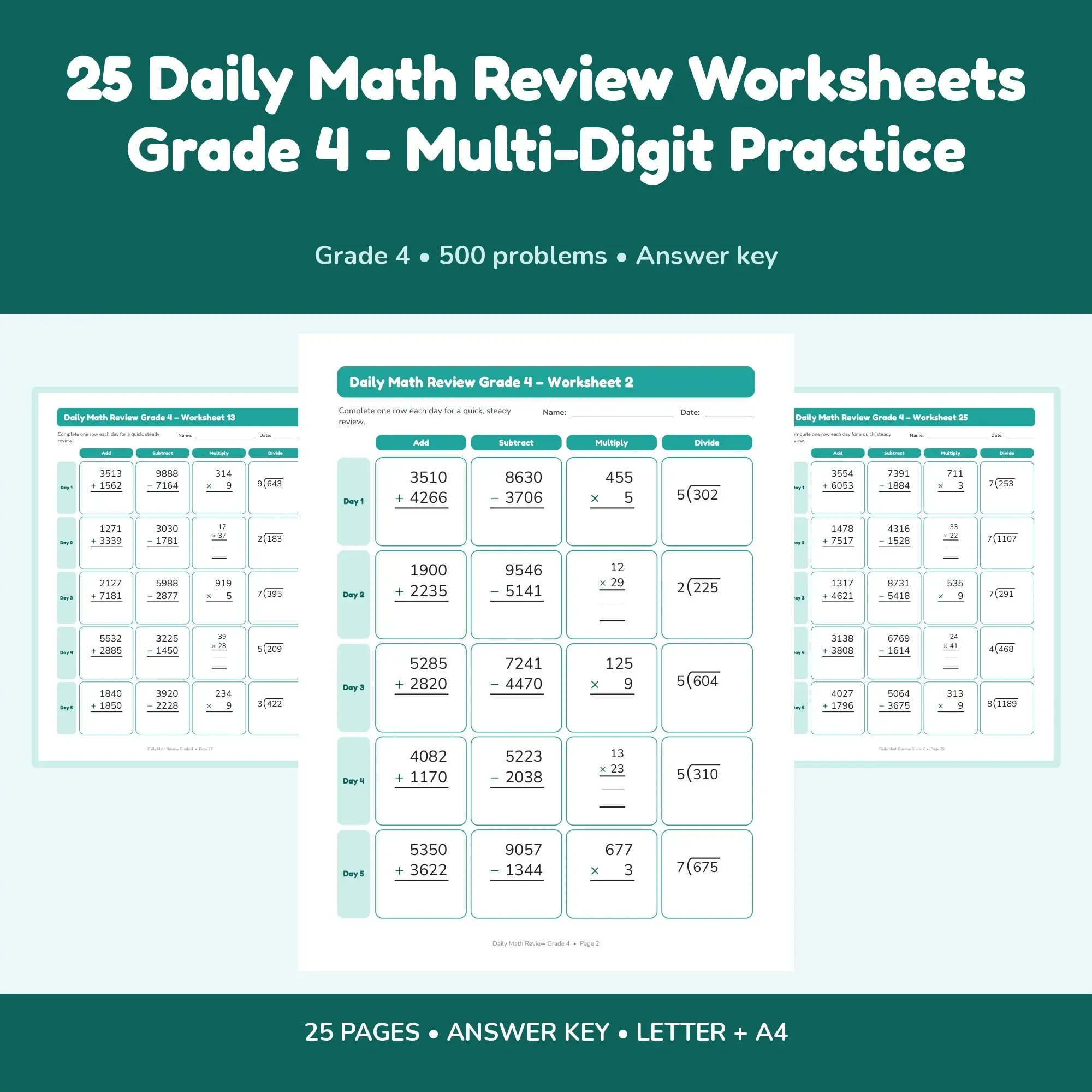 25 Daily Math Review Worksheets Grade 4 - Multi-Digit Practice preview