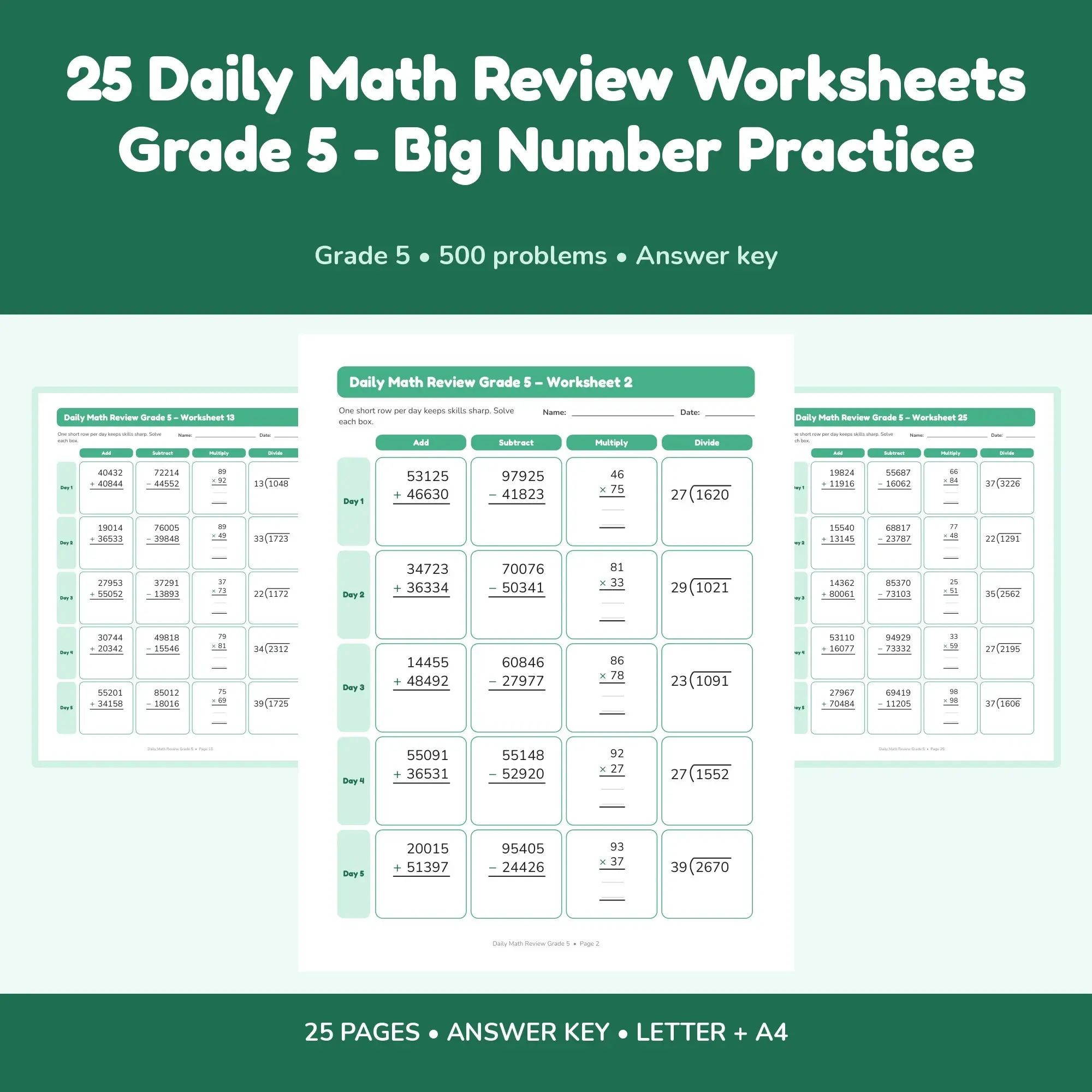 25 Daily Math Review Worksheets Grade 5 - Big Number Practice preview