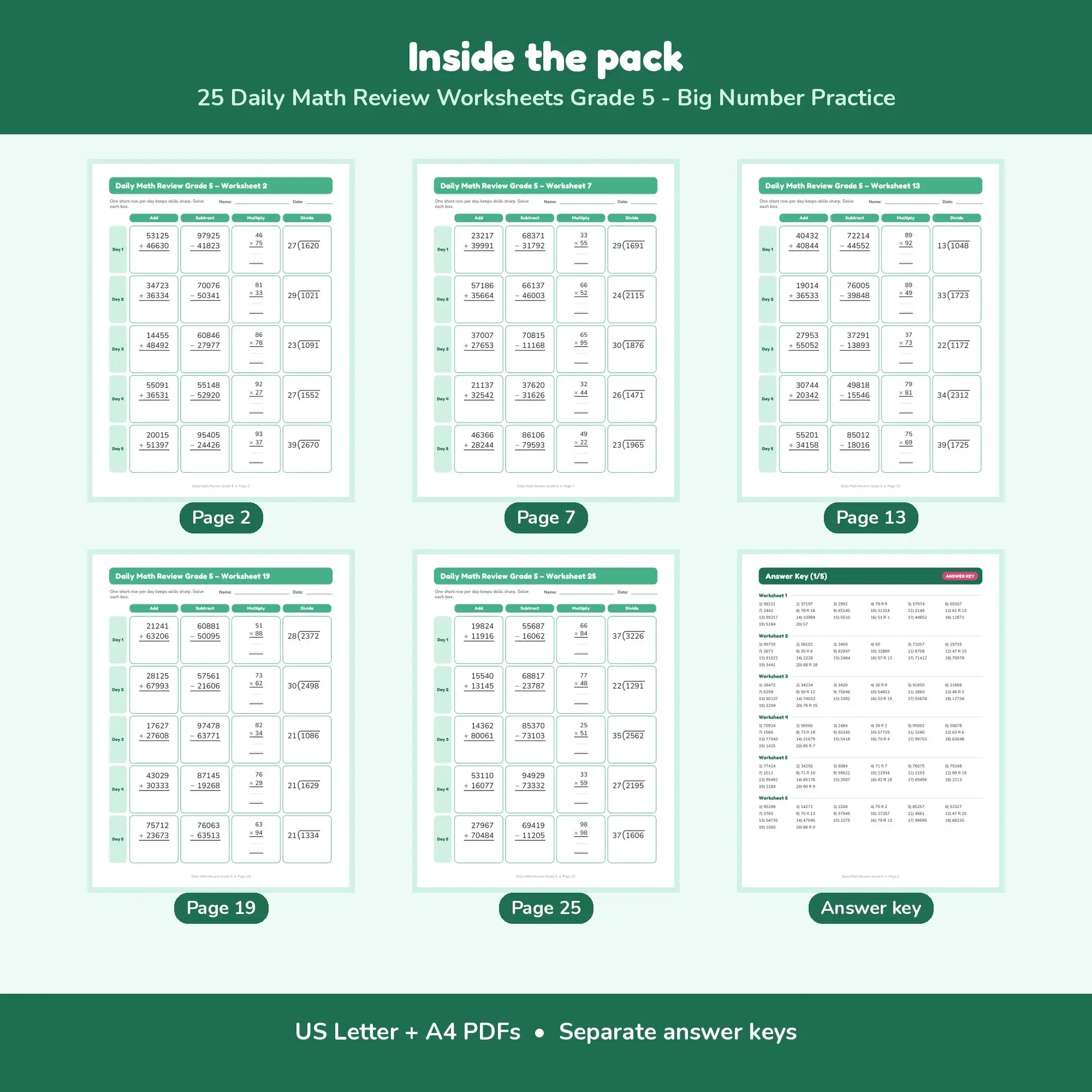 25 Daily Math Review Worksheets Grade 5 - Big Number Practice, preview 2 of 2