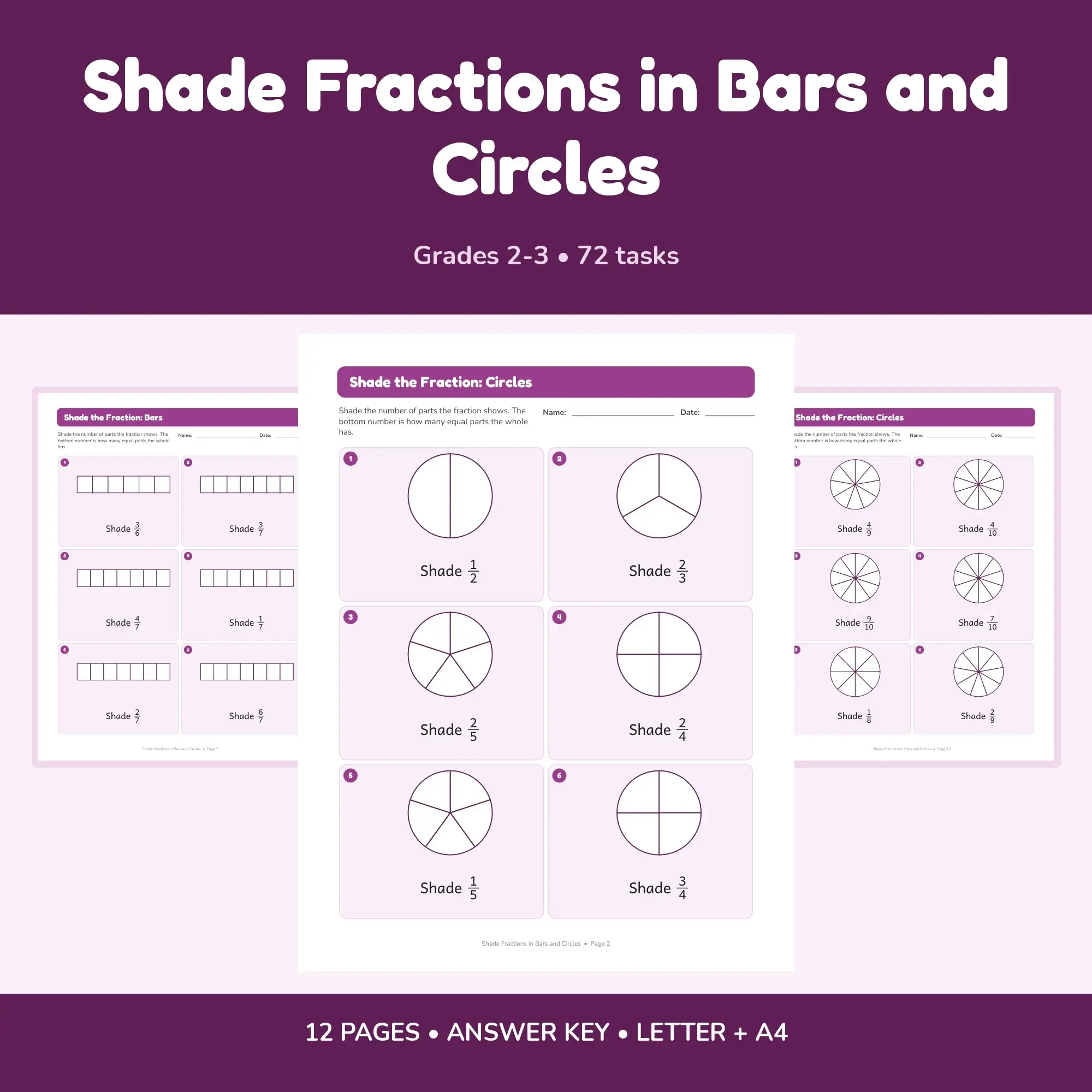 Shade Fractions in Bars and Circles - 12 Worksheets + Key preview