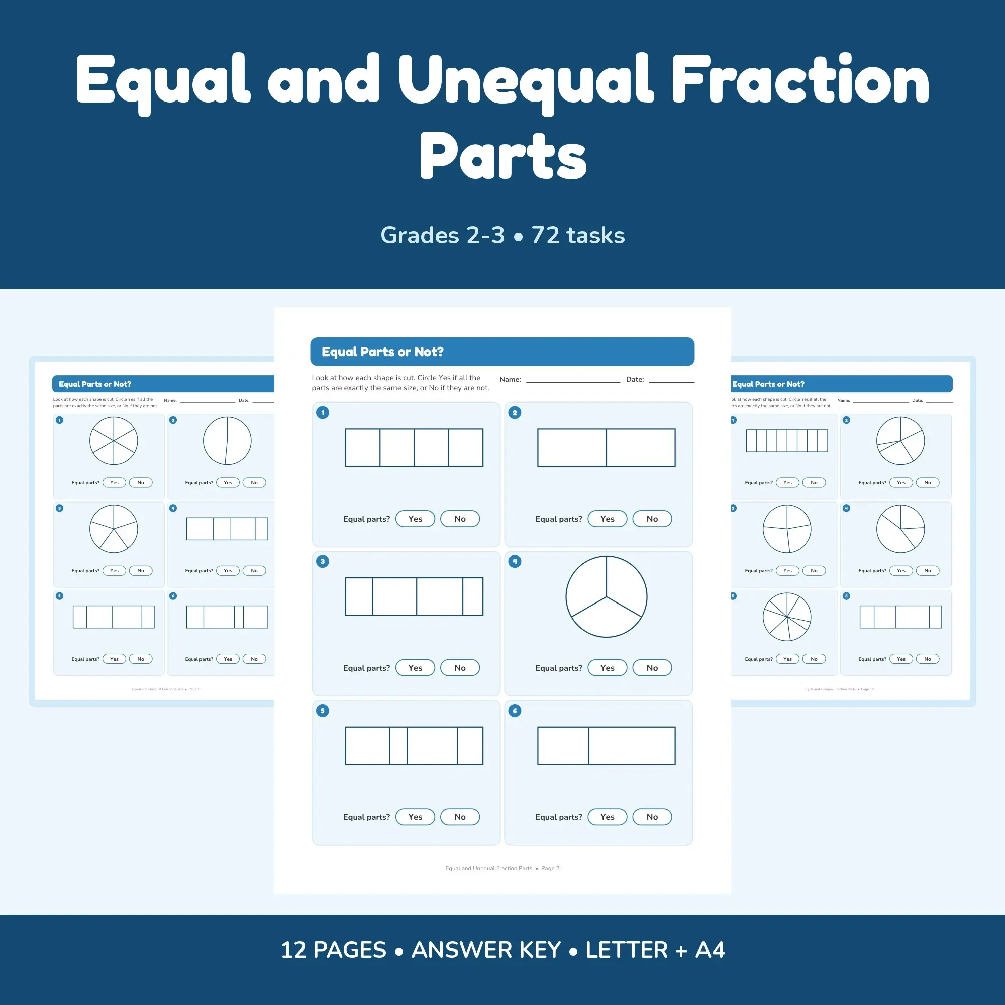 Equal and Unequal Fraction Parts - 12 Worksheets + Key preview