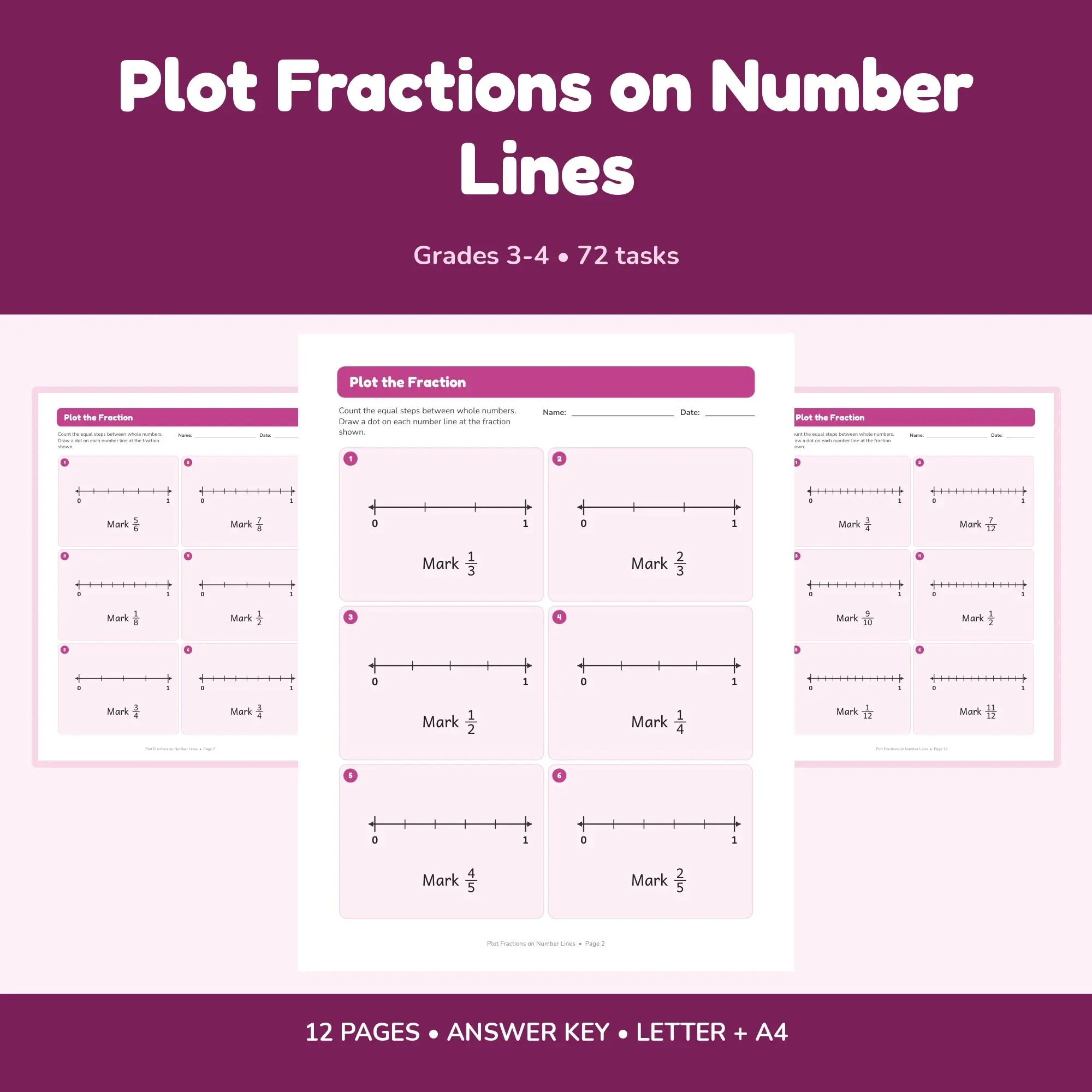 Plot Fractions on Number Lines - 12 Worksheets + Key preview