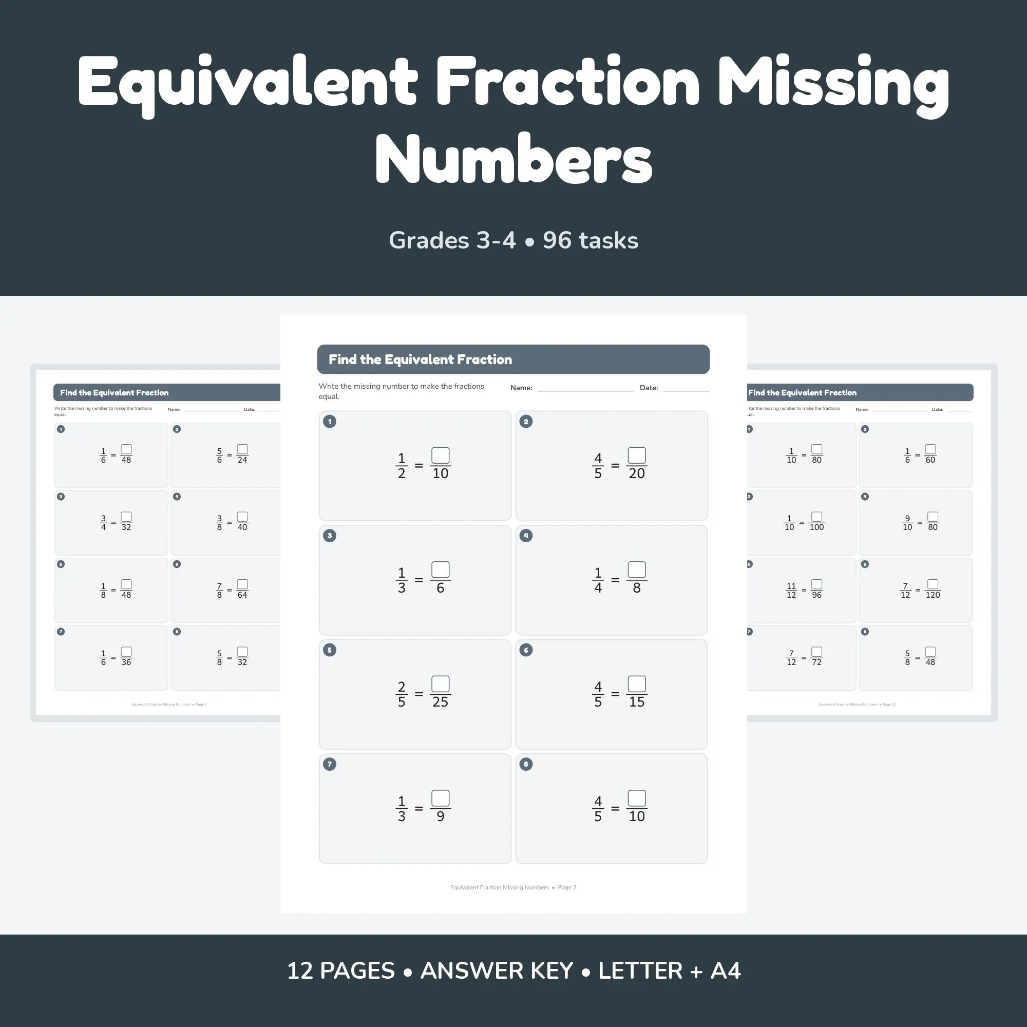 Equivalent Fraction Missing Numbers - 12 Worksheets + Key, preview 1 of 2