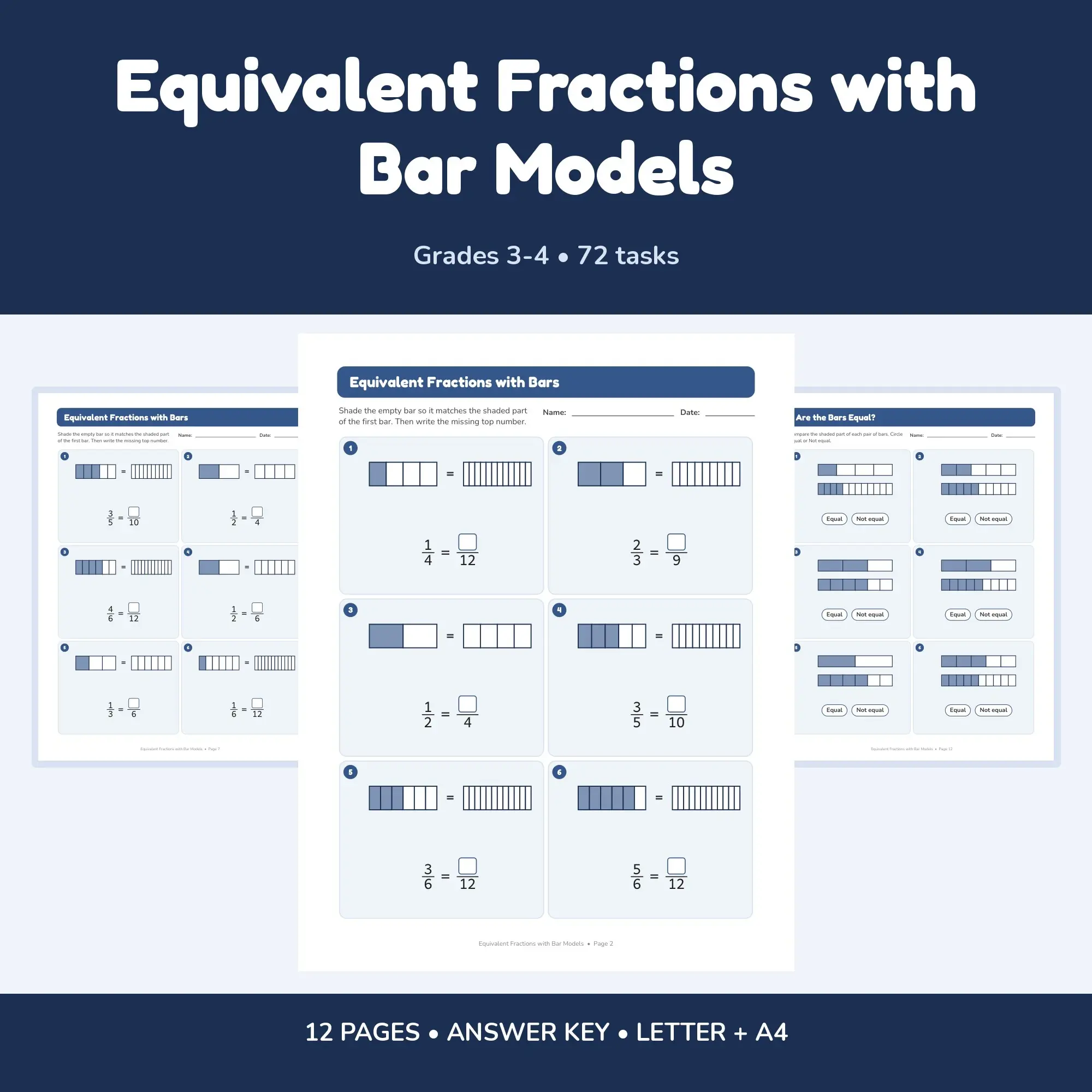 Equivalent Fractions with Bar Models - 12 Worksheets + Key preview