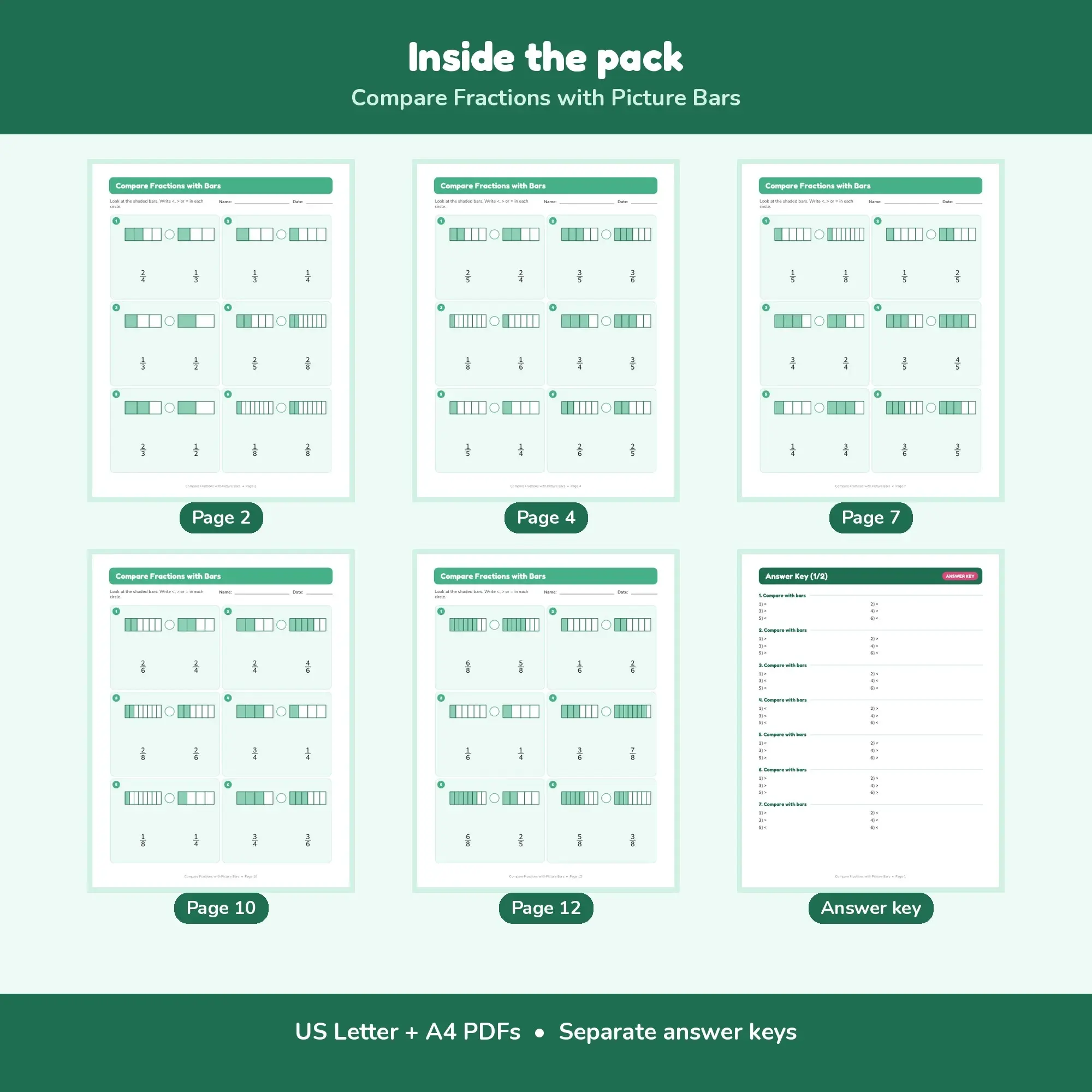 Compare Fractions with Picture Bars - 12 Worksheets + Key, preview 2 of 2