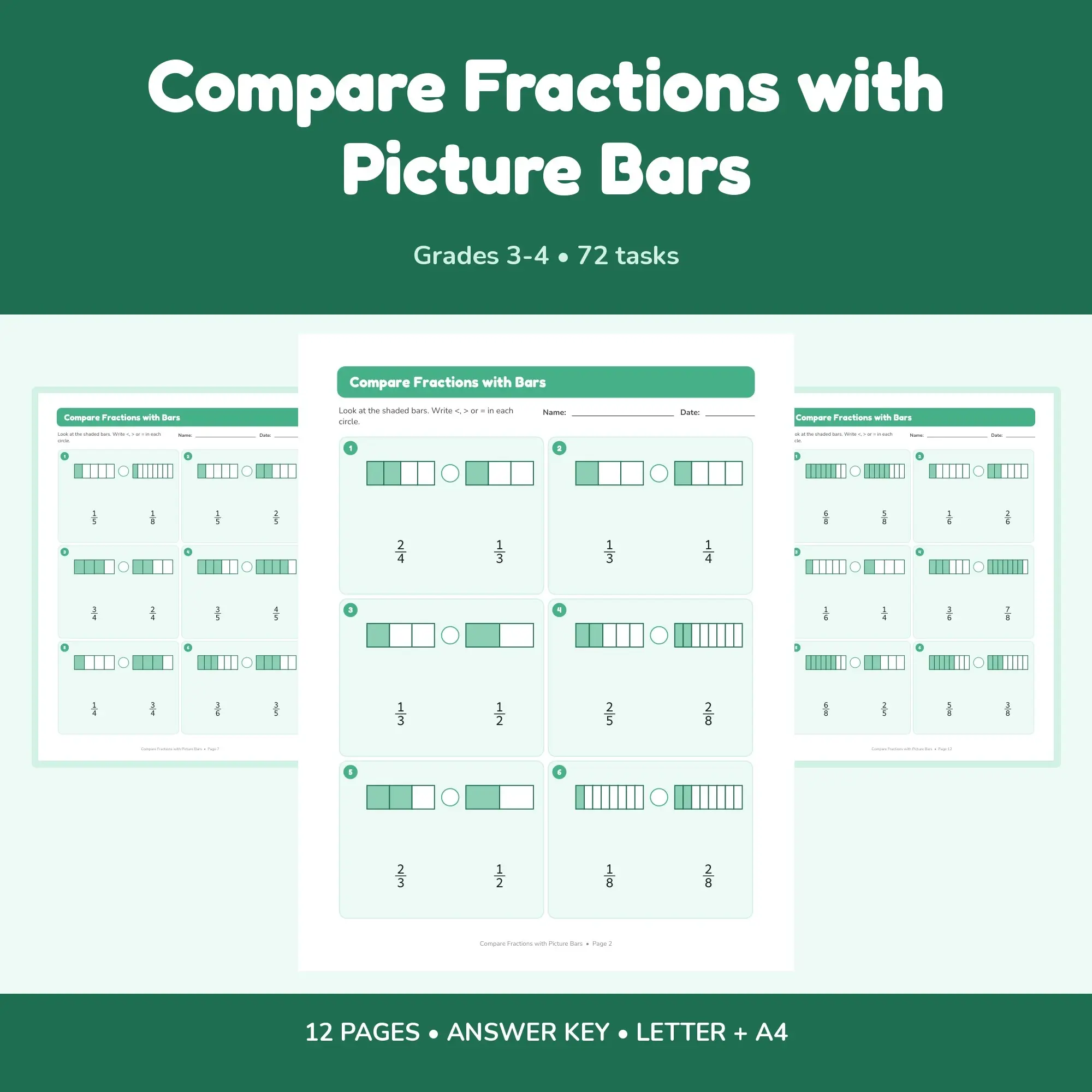 Compare Fractions with Picture Bars - 12 Worksheets + Key, preview 1 of 2