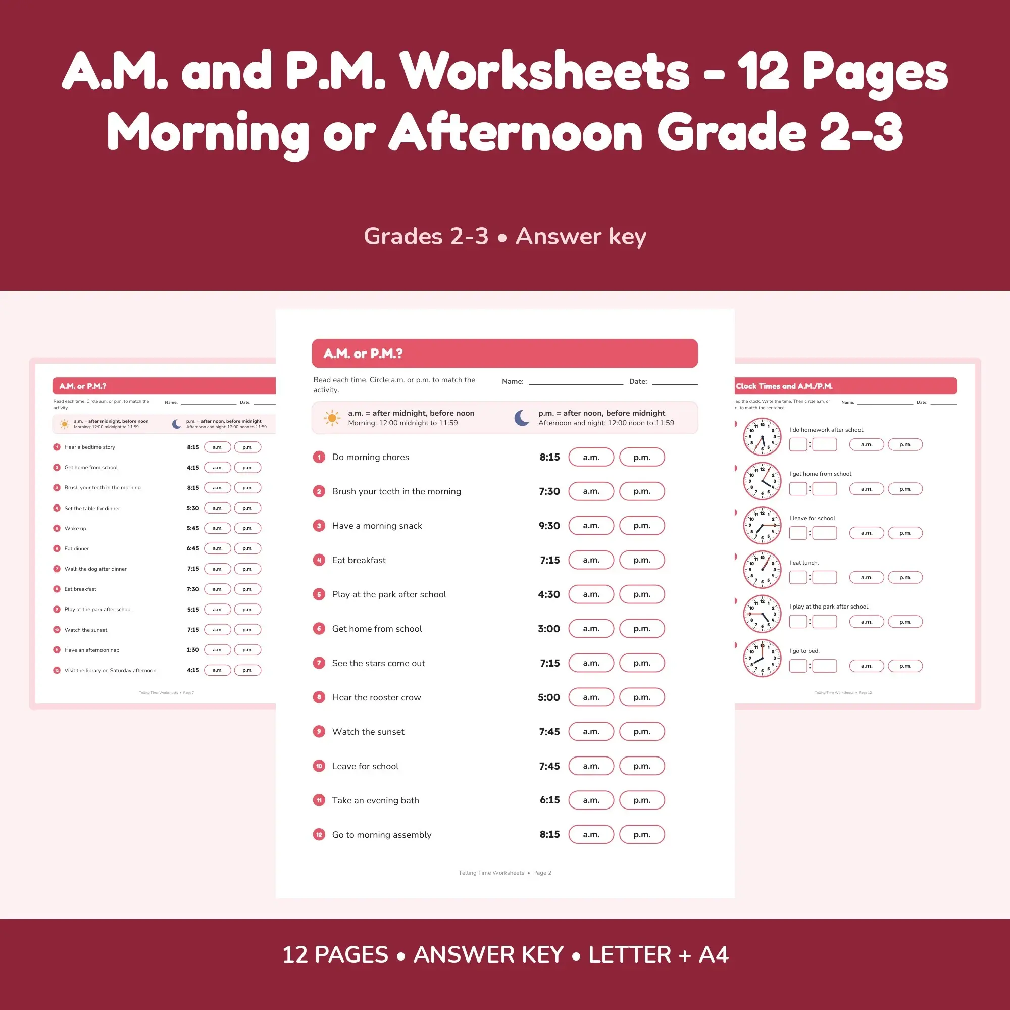 A.M. and P.M. Worksheets - 12 Pages Morning or Afternoon Grade 2-3 preview