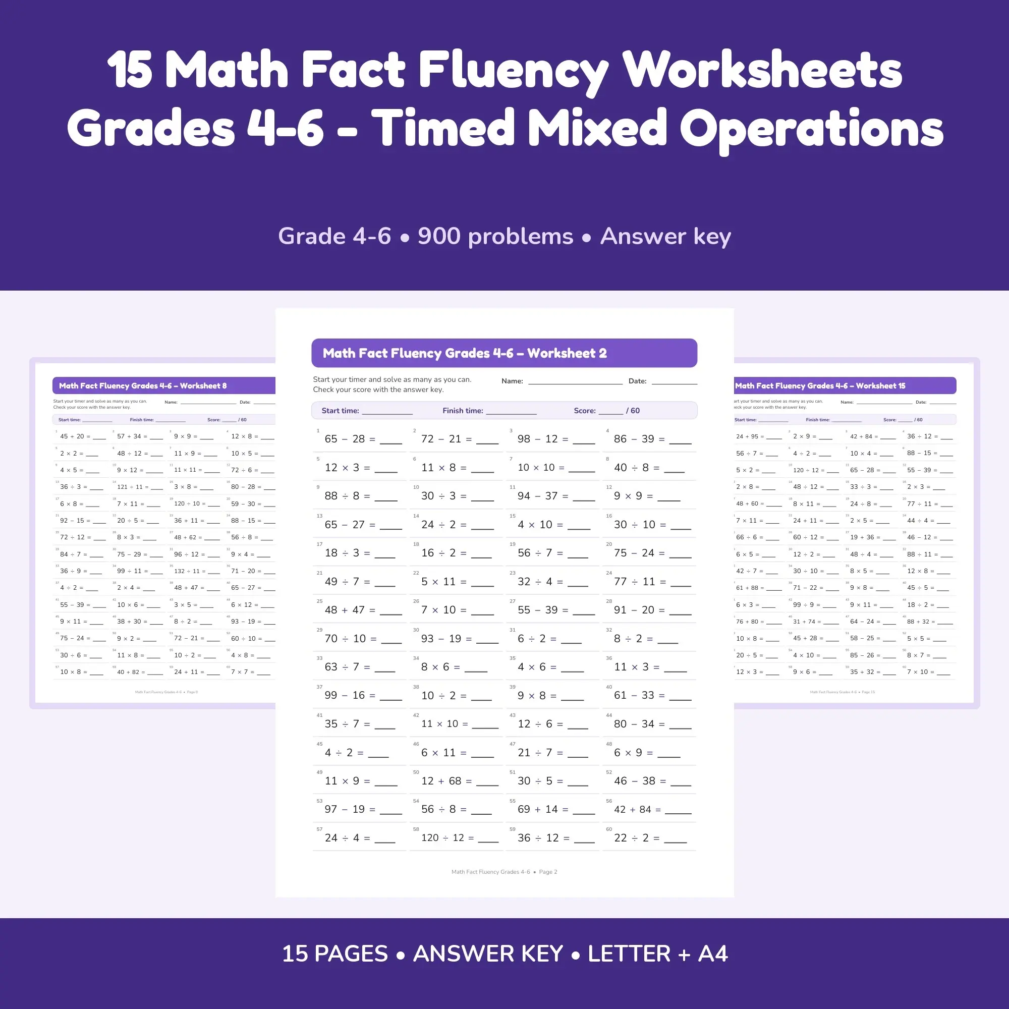 15 Math Fact Fluency Worksheets Grades 4-6 - Timed Mixed Operations preview
