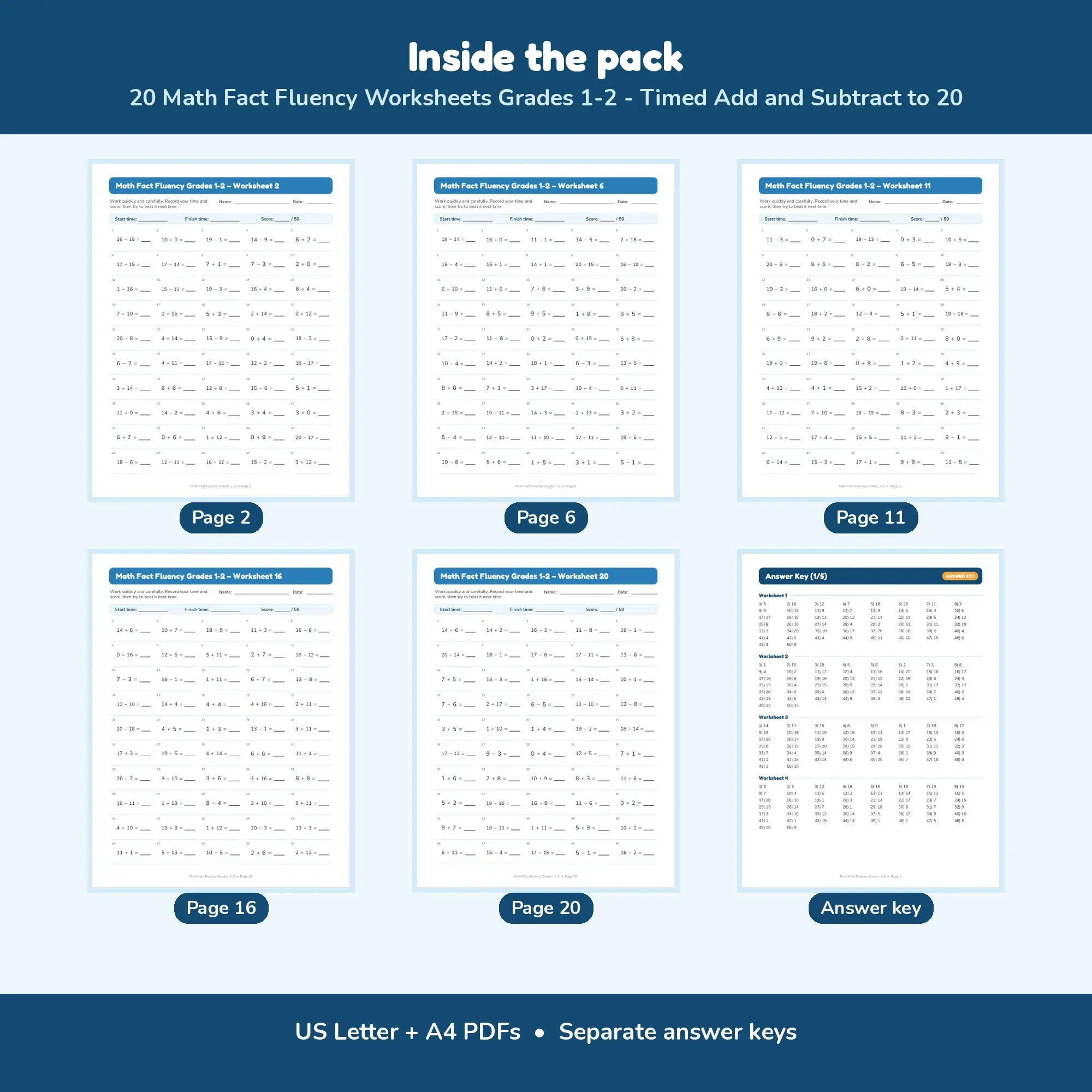 20 Math Fact Fluency Worksheets Grades 1-2 - Timed Add and Subtract to 20, preview 2 of 2