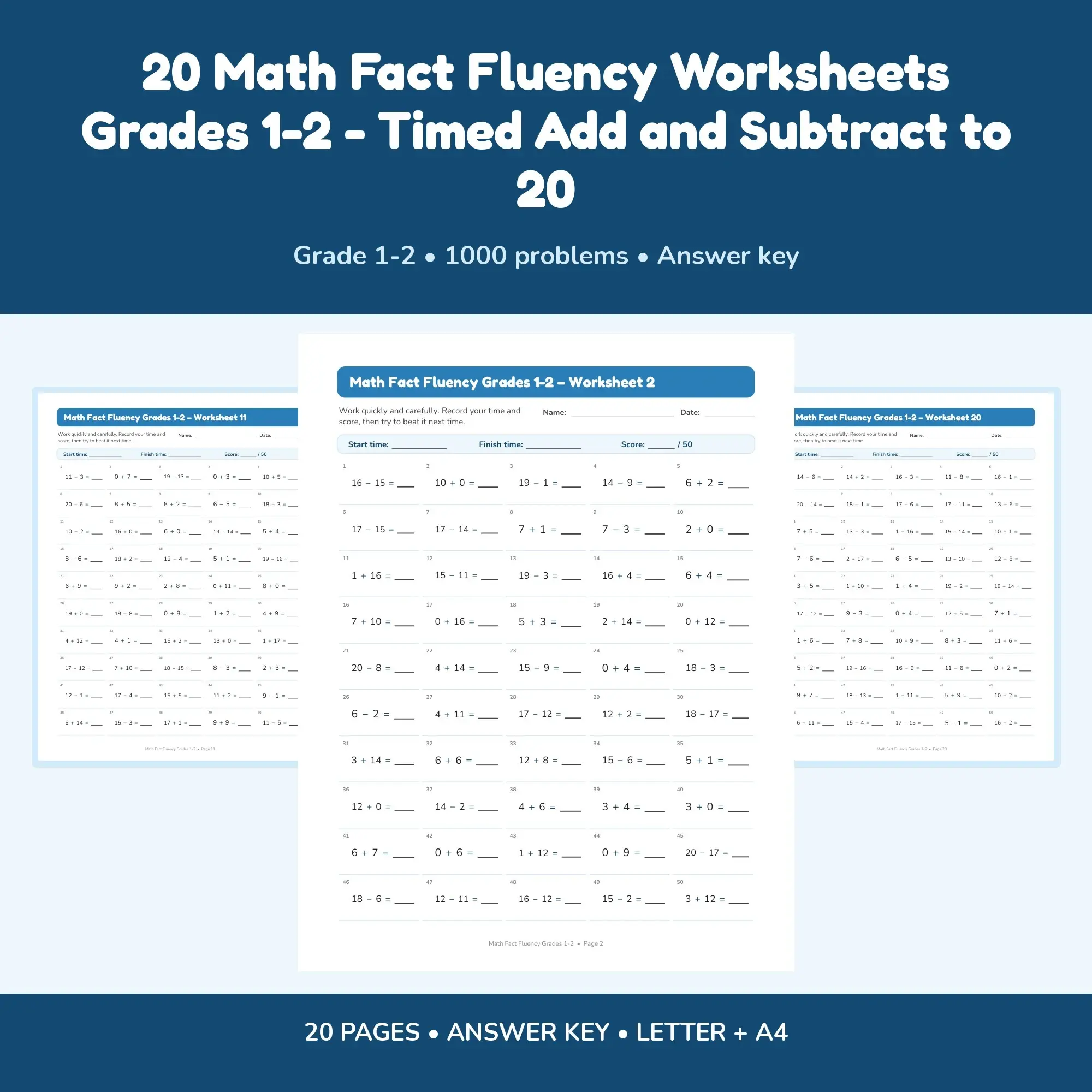 20 Math Fact Fluency Worksheets Grades 1-2 - Timed Add and Subtract to 20, preview 1 of 2