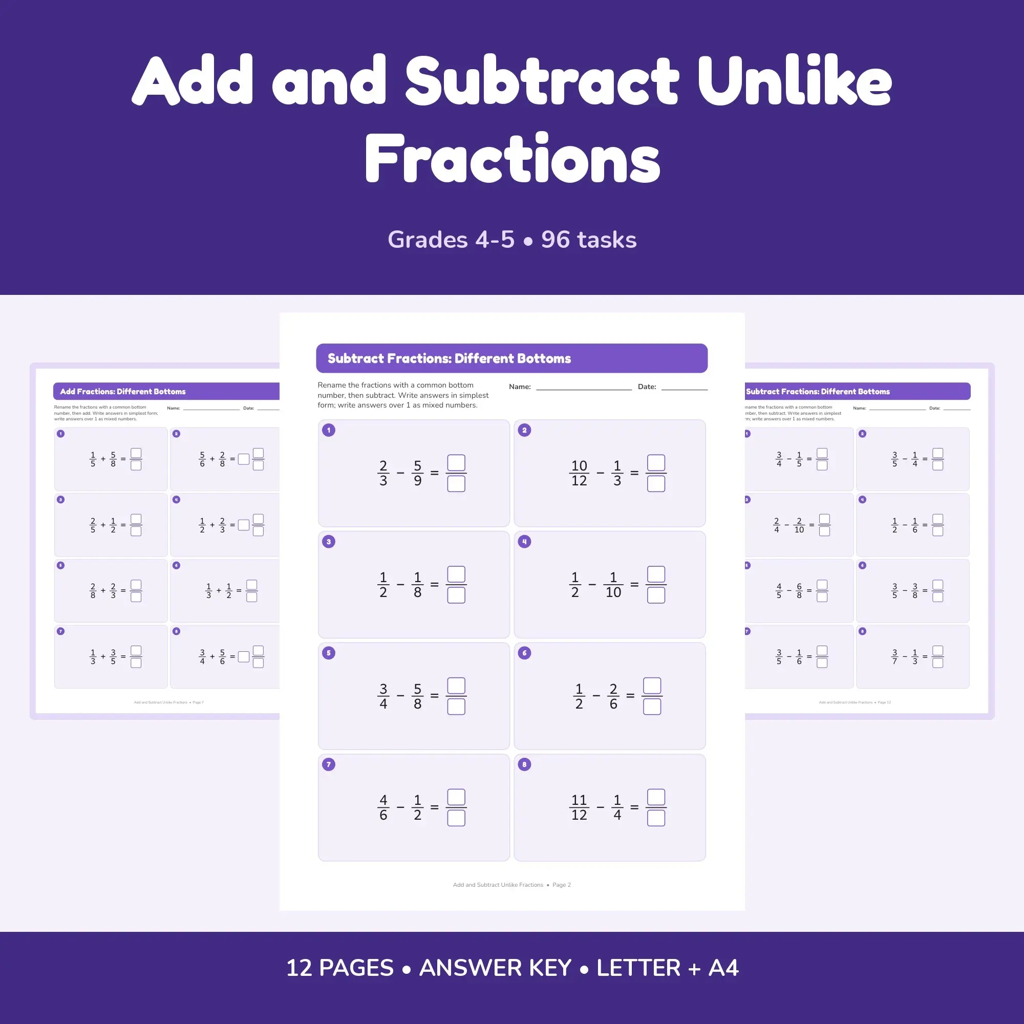 Add and Subtract Unlike Fractions - 12 Worksheets + Key preview