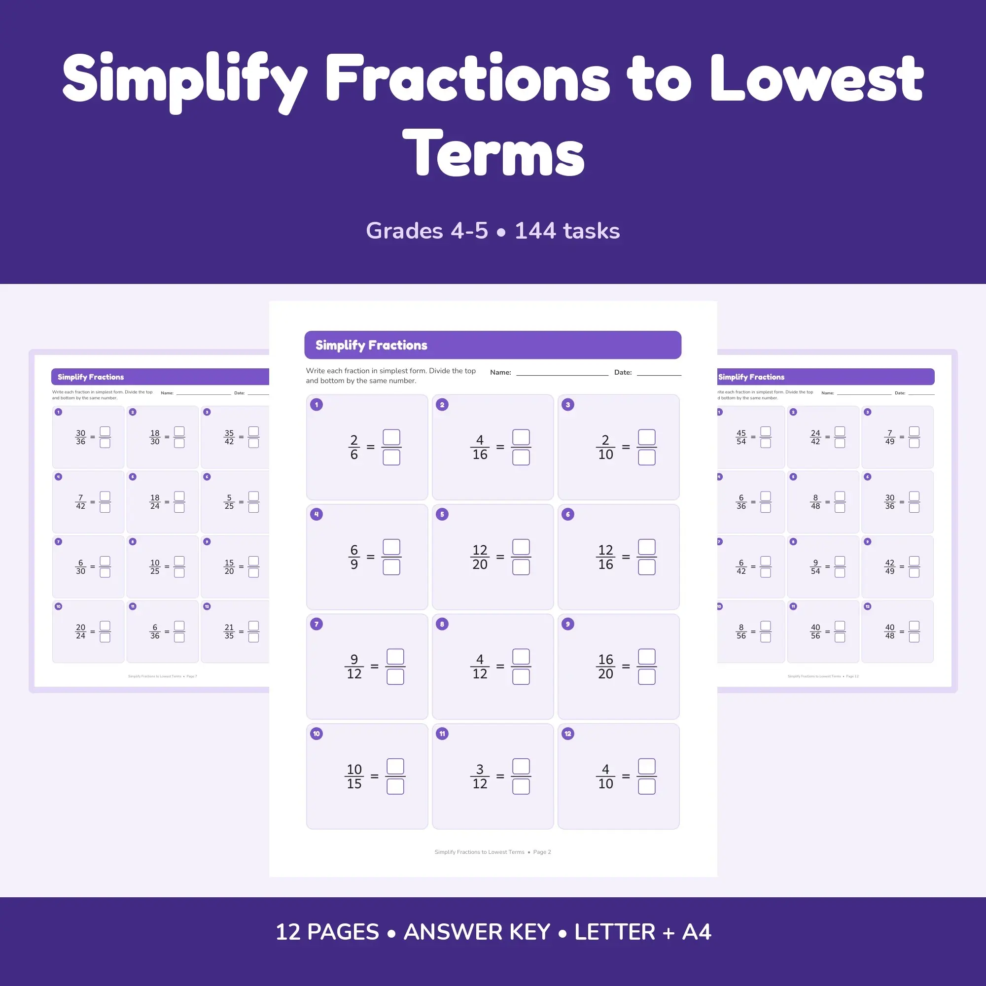 Simplify Fractions to Lowest Terms - 12 Worksheets + Key preview