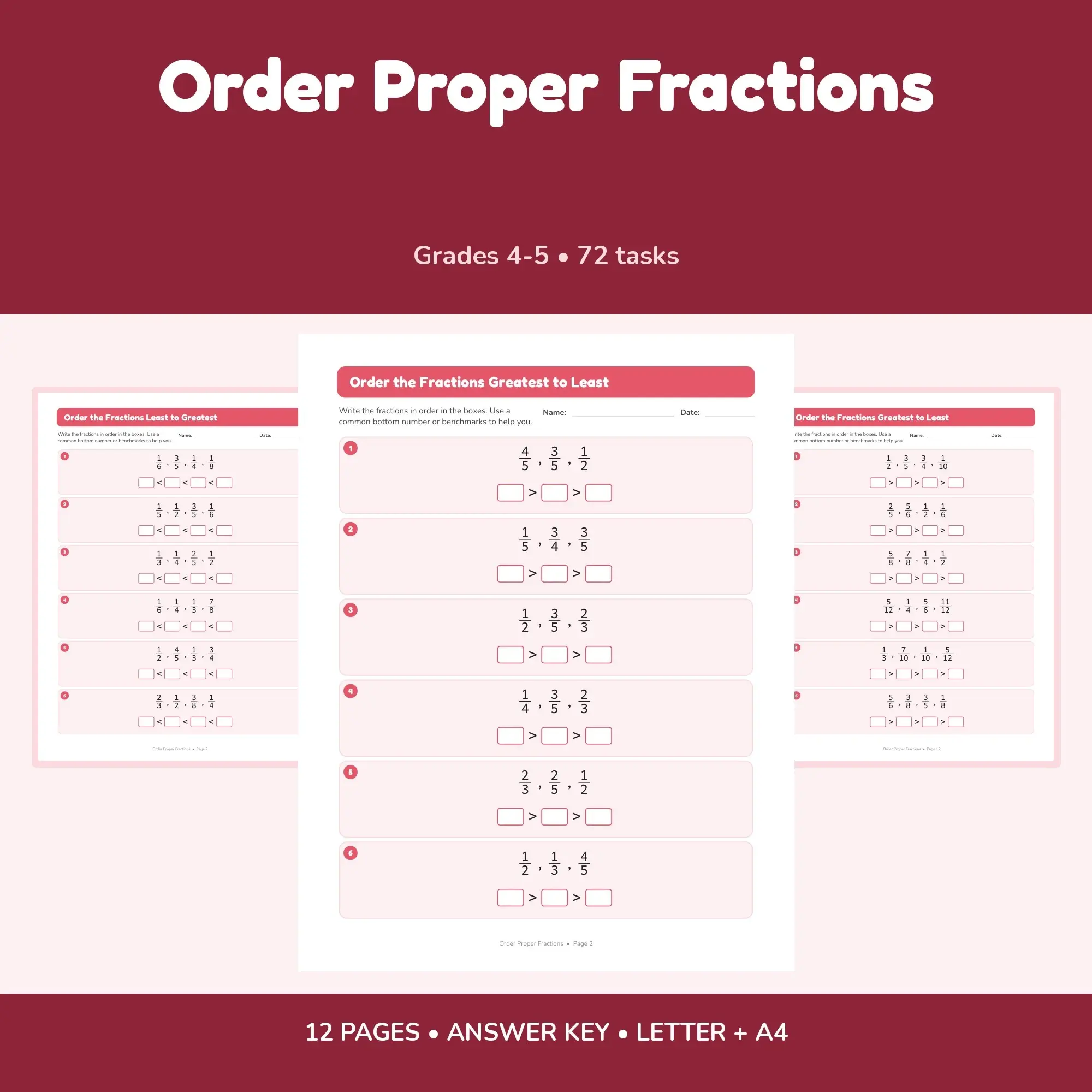 Order Proper Fractions - 12 Worksheets + Key preview