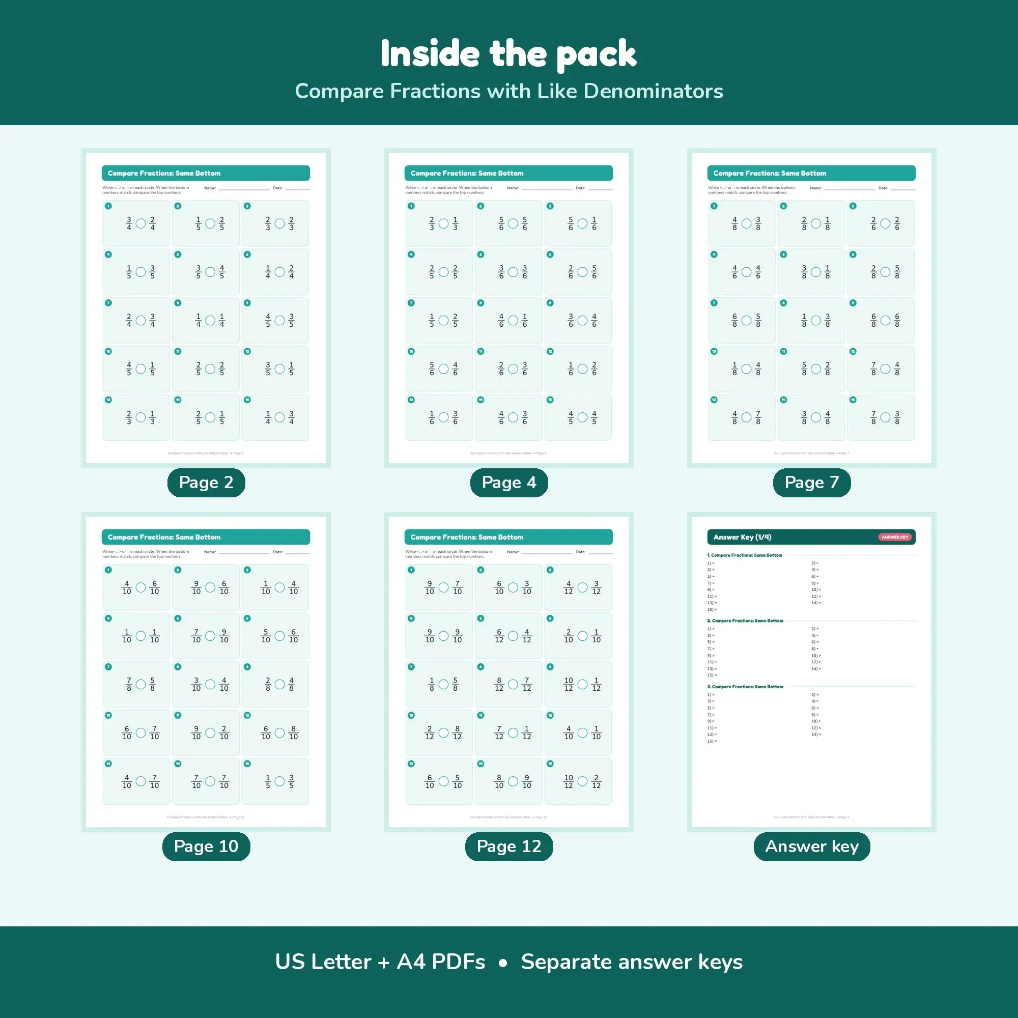 Compare Fractions with Like Denominators - 12 Worksheets + Key, preview 2 of 2