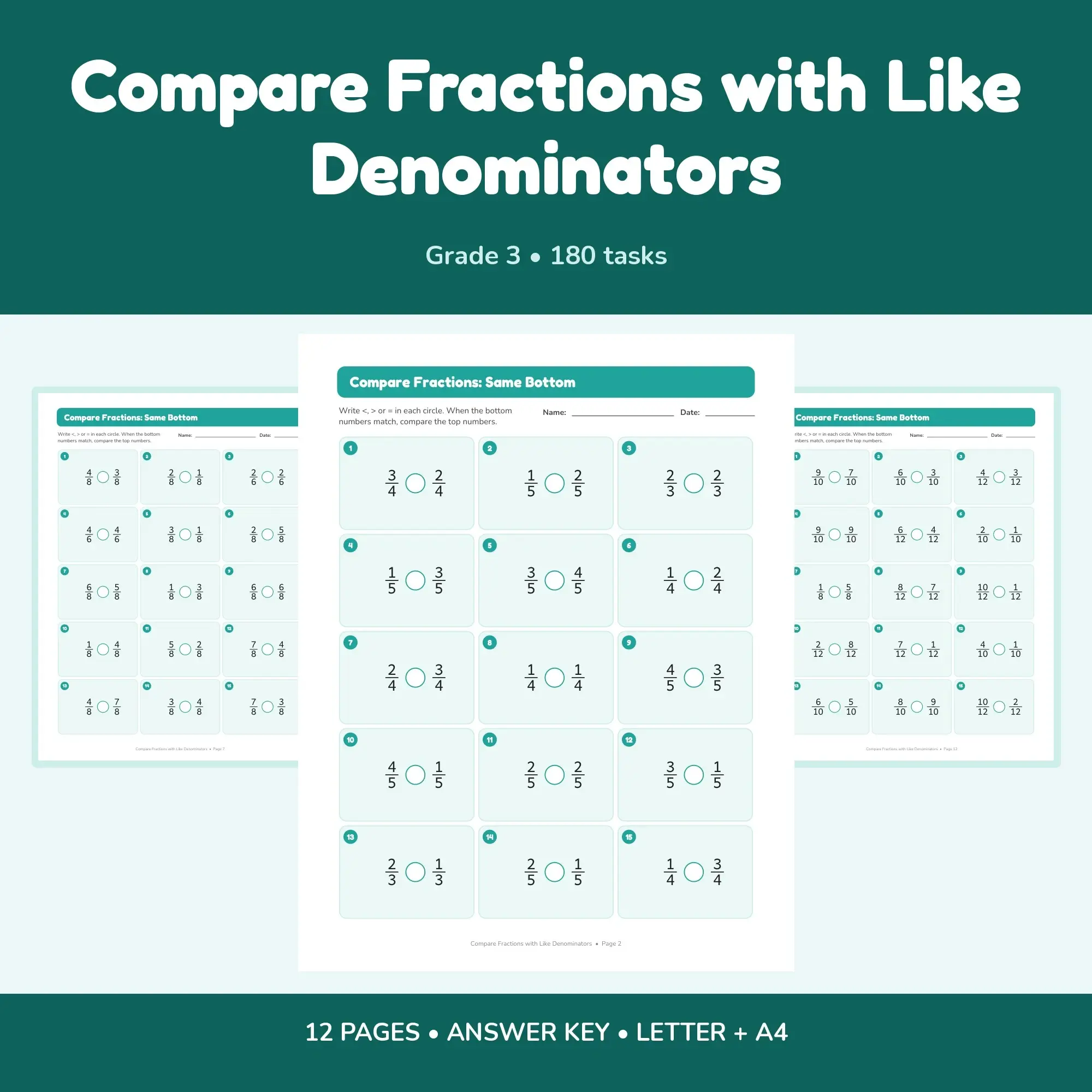 Compare Fractions with Like Denominators - 12 Worksheets + Key preview