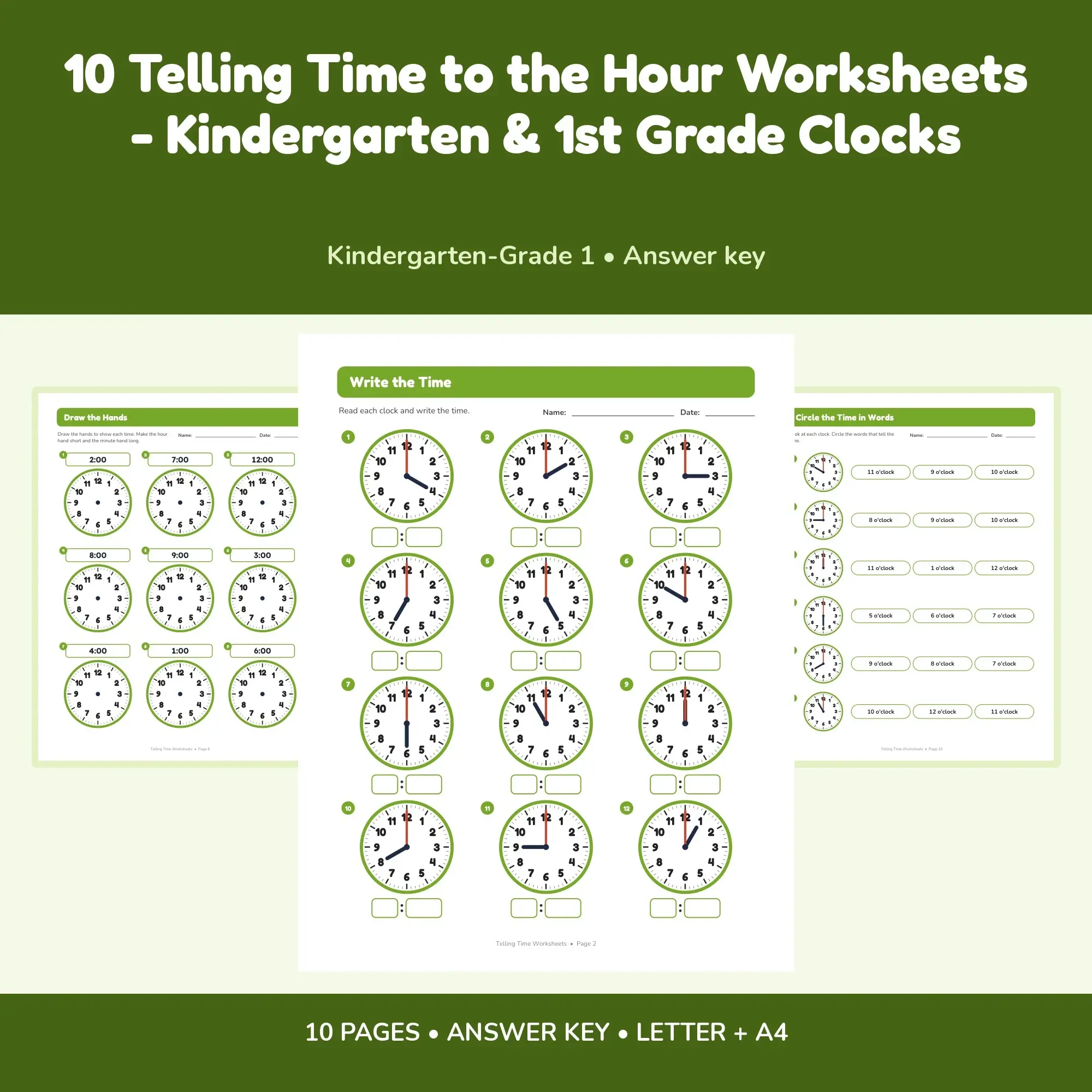 10 Telling Time to the Hour Worksheets - Kindergarten & 1st Grade Clocks preview