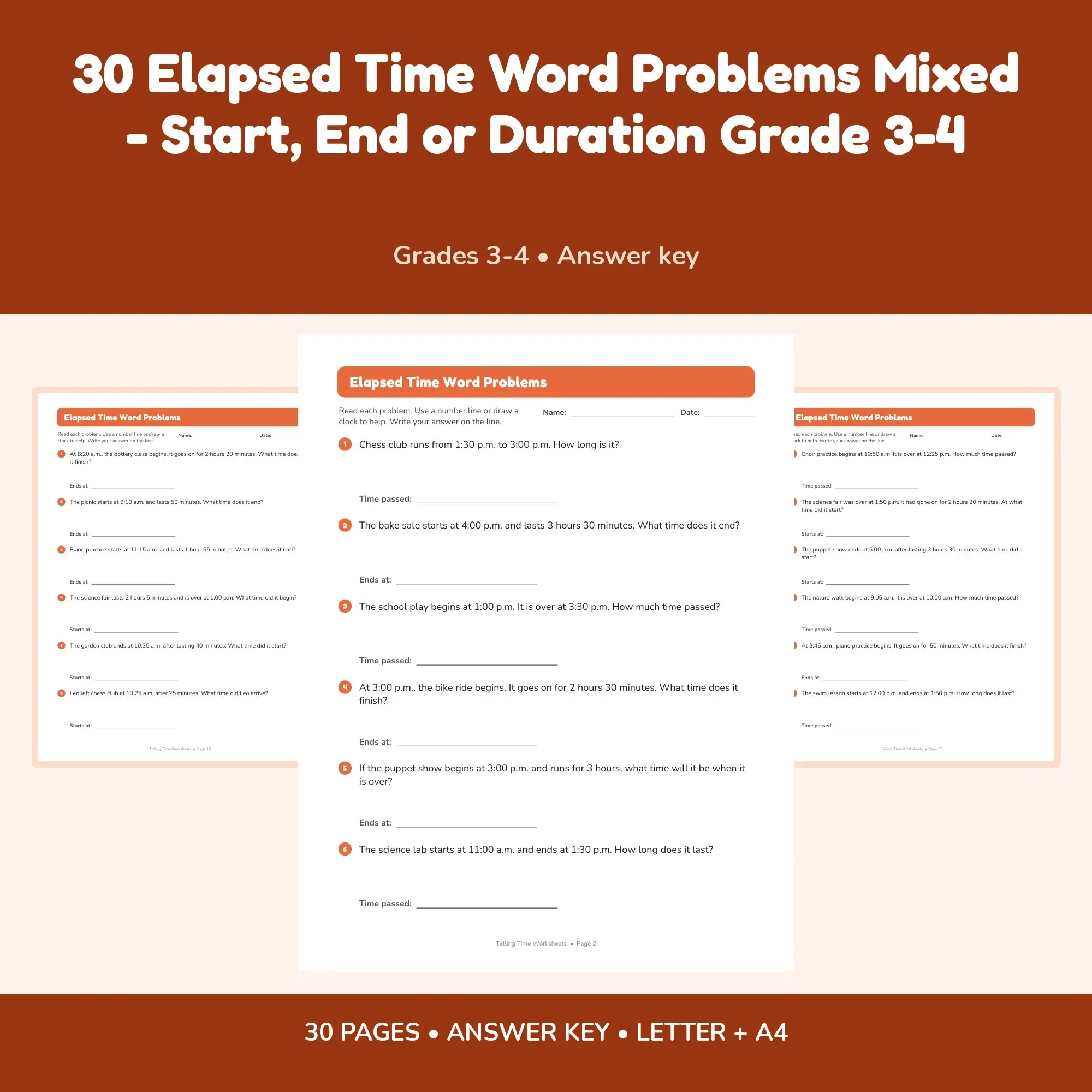 30 Elapsed Time Word Problems Mixed - Start, End or Duration Grade 3-4 preview